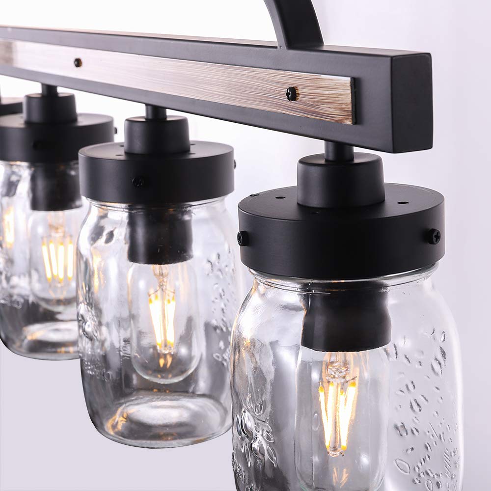 Wellmet Farmhouse Dining Room Chandelier - Black Mason Jar Pendant Light with Faux Wood & Glass Shade | Rustic Linear Cluster Hanging Fixture for Kitchen Island, Dining Table, Restaurant, Cafe & Country Home Decor
