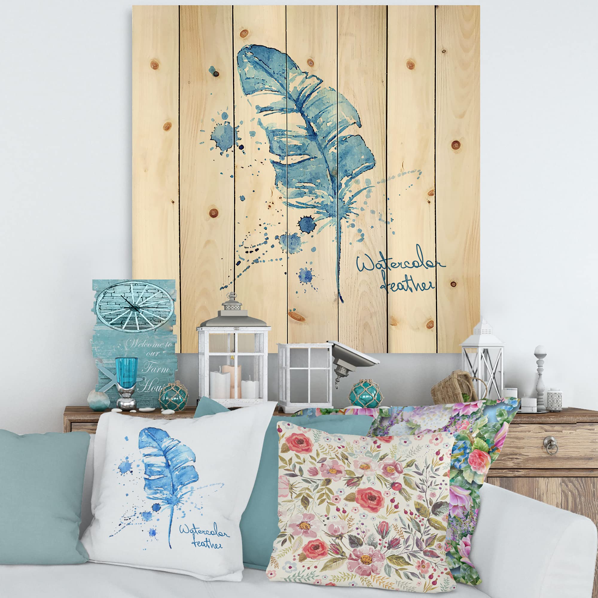 Bohemian Blue Feather Wood Wall Art - Handcrafted Ethnic Decor with Printed Quotes on Natural Pine Wood - Perfect for Living Room, Bedroom & Boho Home Decor