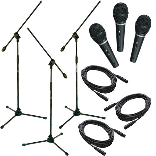 Avtronics HHMICPK Professional Wired Microphone Kit - 3 Handheld Mics with Boom Stands, 20ft XLR Cables & Holders (Black) | Perfect for Podcasting, Karaoke, Live Streaming & Stage Performances