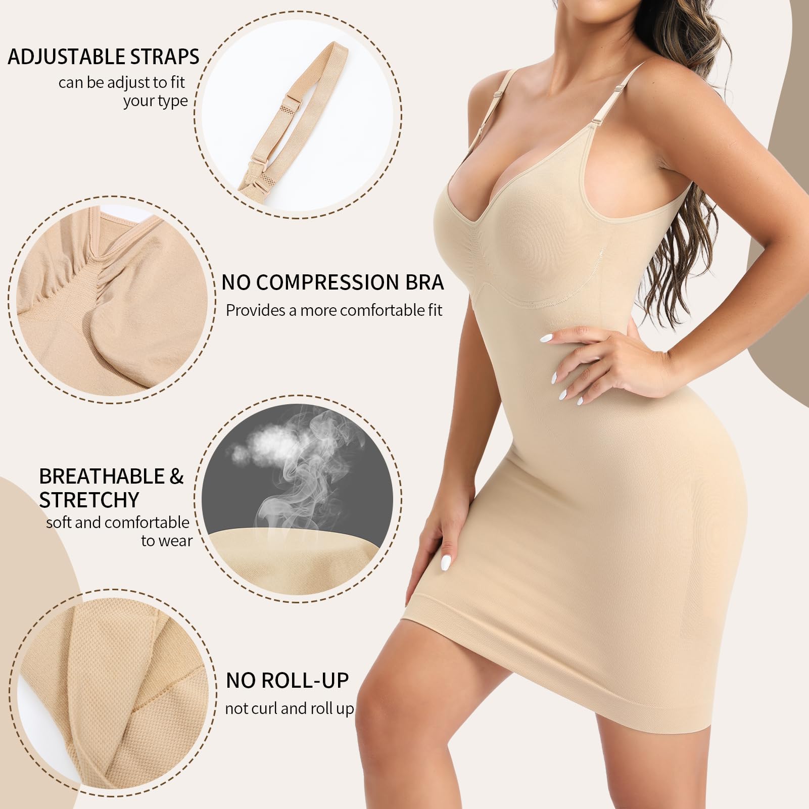Strapless Shapewear for Women - V Neck Full Slip Shaper with Tummy Control - Seamless Underdress Body Shaper for Smoothing & Slimming - Perfect for Weddings, Parties and Formal Events