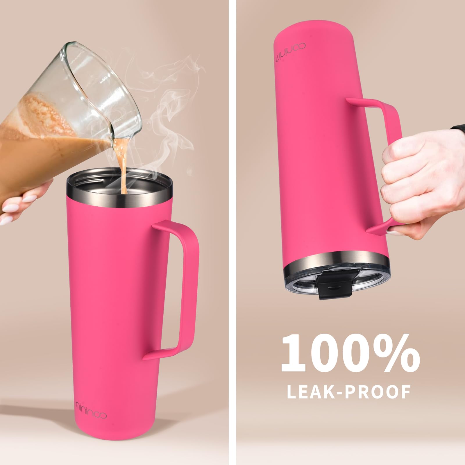 Mininoo 24oz Insulated Stainless Steel Tumbler with Handle - Leakproof Travel Coffee Mug with Lid & Straws - Hot Pink - Perfect for Office, Gym, Hiking & Road Trips