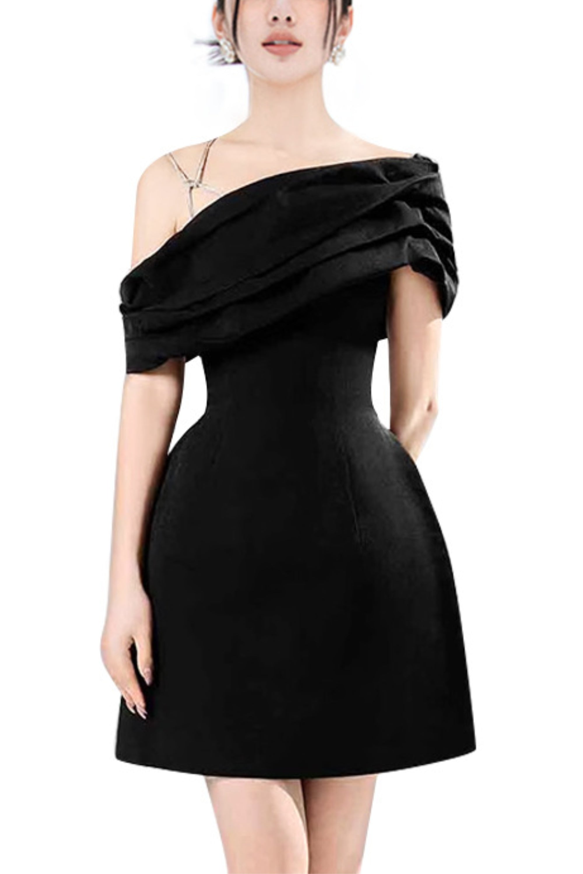 Asymmetric Neck Taffeta Mini Dress in Black - Elegant Party & Evening Wear for Women