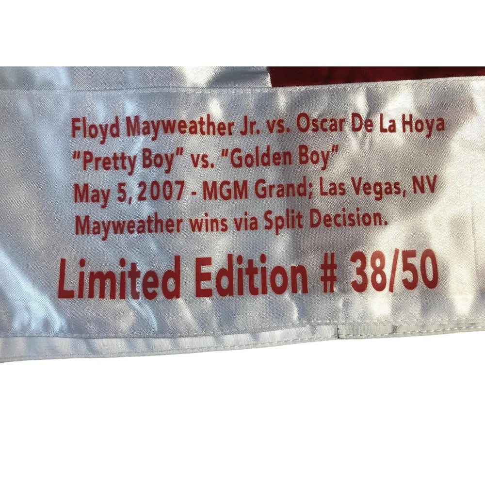 Floyd Mayweather Jr Signed vs. Oscar De La Hoya Boxing Trunks #D 38/50 with JSA COA & Fight Stats - Authentic Collectible for Boxing Memorabilia Fans & Sports Decor