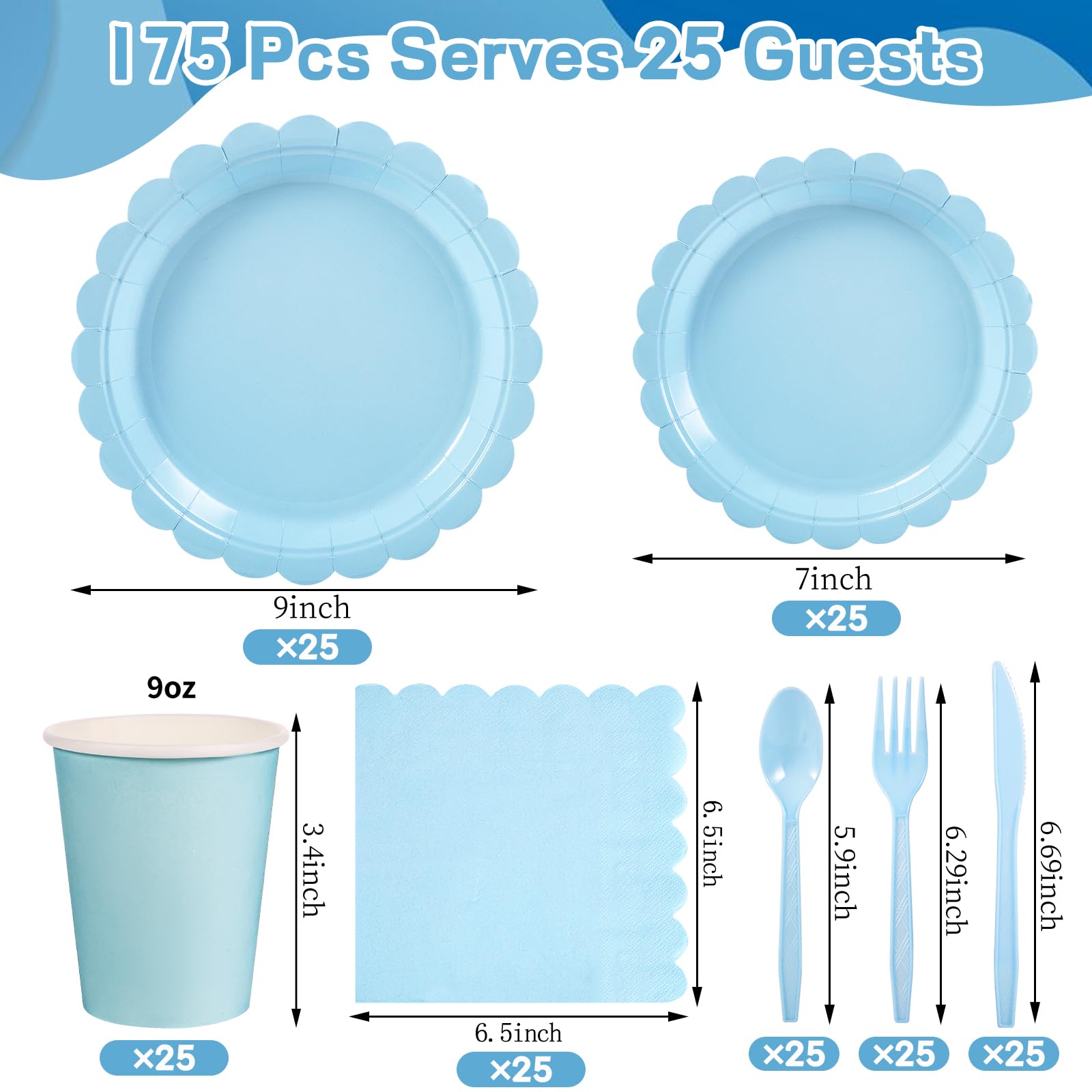 175 Pcs Light Blue Paper Plates & Napkins Set - Easter Party Supplies with Scalloped Plates, Napkins, Cups, Plastic Cutlery (Forks, Spoons, Knives) for Baby Shower, Wedding, Birthday - Perfect for Spring Celebrations, Bridal Showers & Outdoor Events