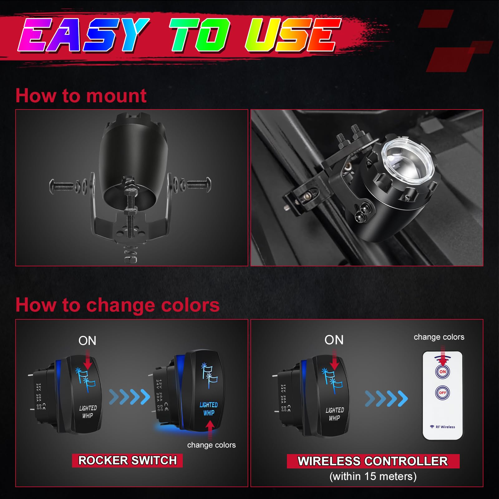 OFFROADTOWN Upgraded RGBW LED Whip Lights with Remote Control - Chase Light Antenna for UTV, ATV, SXS, RZR, Can-Am, Polaris, Truck, Jeep & Boat - Perfect for Night Off-Roading, Camping & Outdoor Adventures