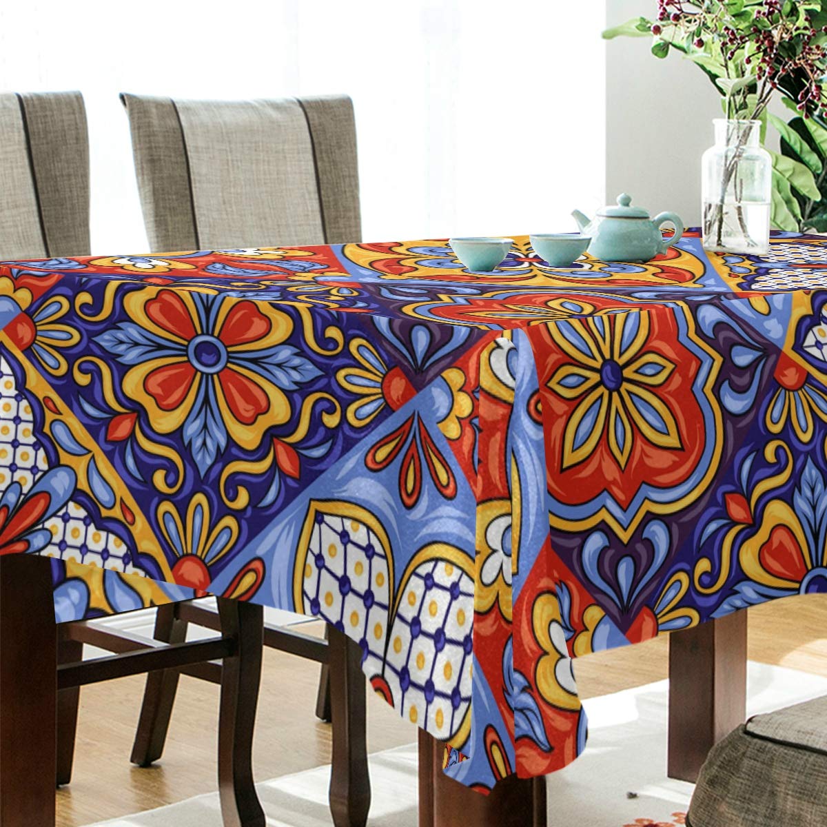 Stylish Talavera Ceramic Tile Tablecloth - Elegant Dining & Kitchen Decor for Home, Parties, and Outdoor Gatherings