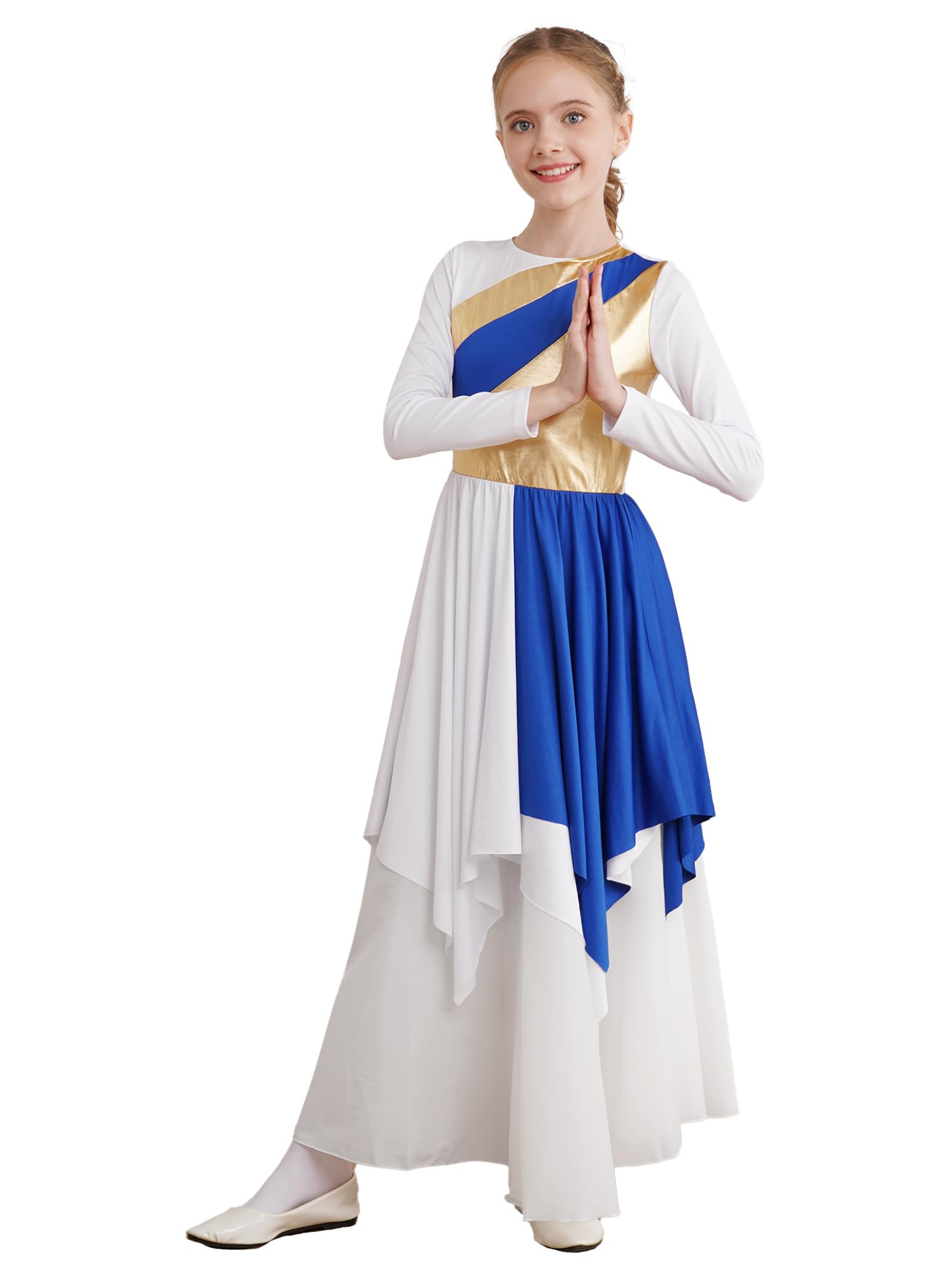 Girls Long Sleeve Metallic Praise Dance Dress - Liturgical Worship Costume with Asymmetrical Design for Church Performances & Religious Ceremonies