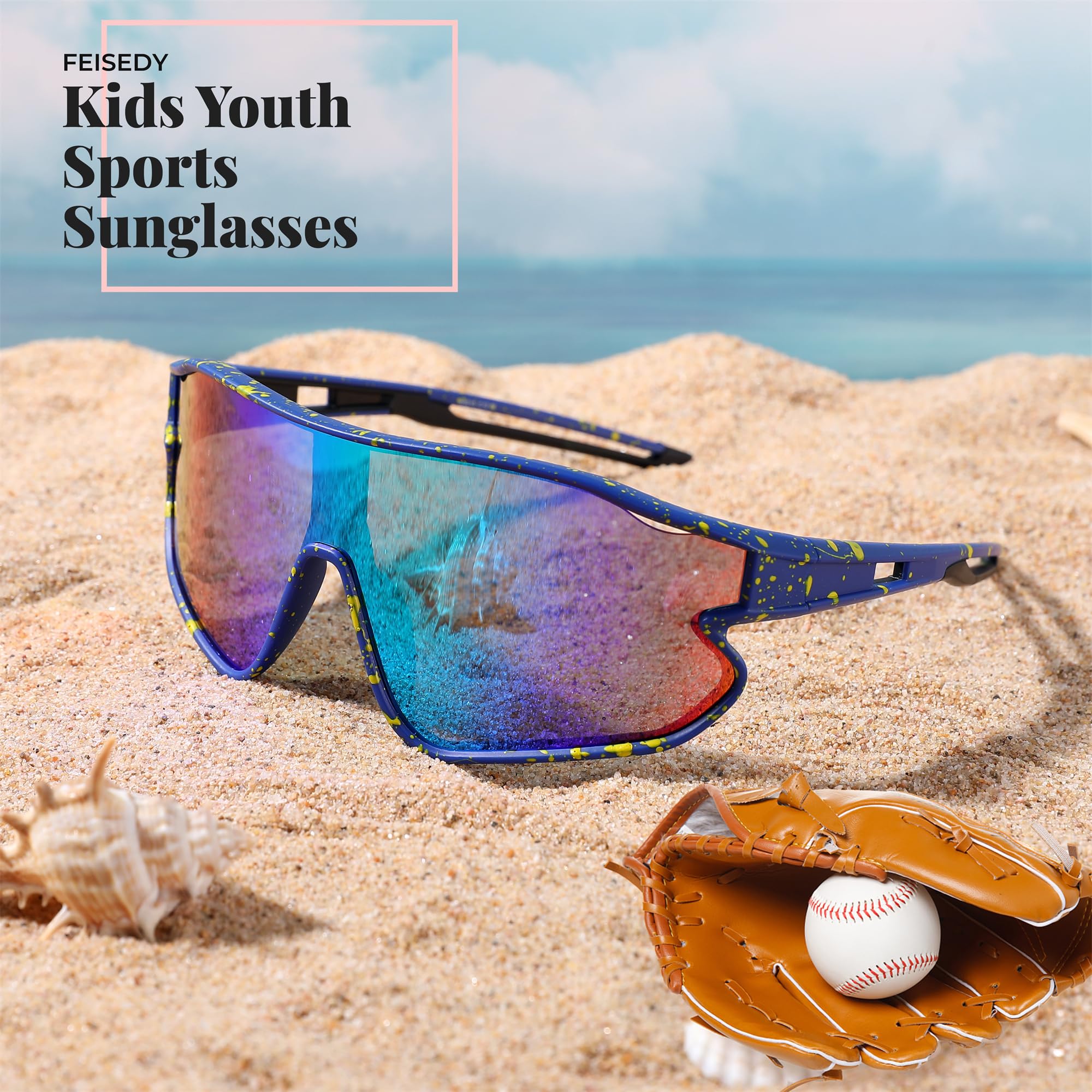 FEISEDY Unisex Youth Sunglasses UV400 Protection - Baseball Tennis Cycling Sports Shades for Boys & Girls - Perfect for Outdoor Activities, Beach, and Driving B4064
