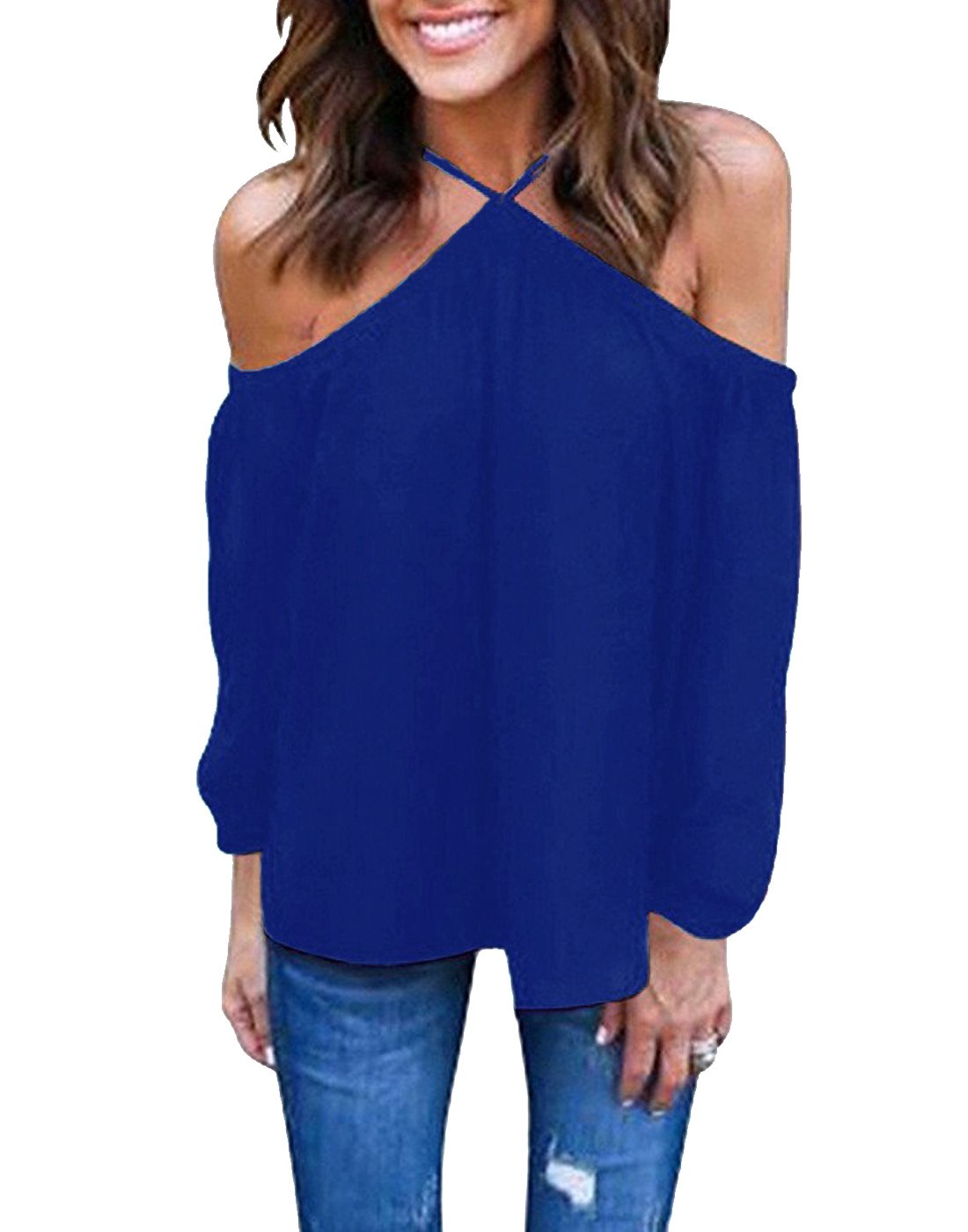 Women's Spaghetti Strap Halter Off Shoulder Blouse Long Sleeve Shirt Tops - Sexy Party Wear, Date Night Outfit, Casual Summer Fashion