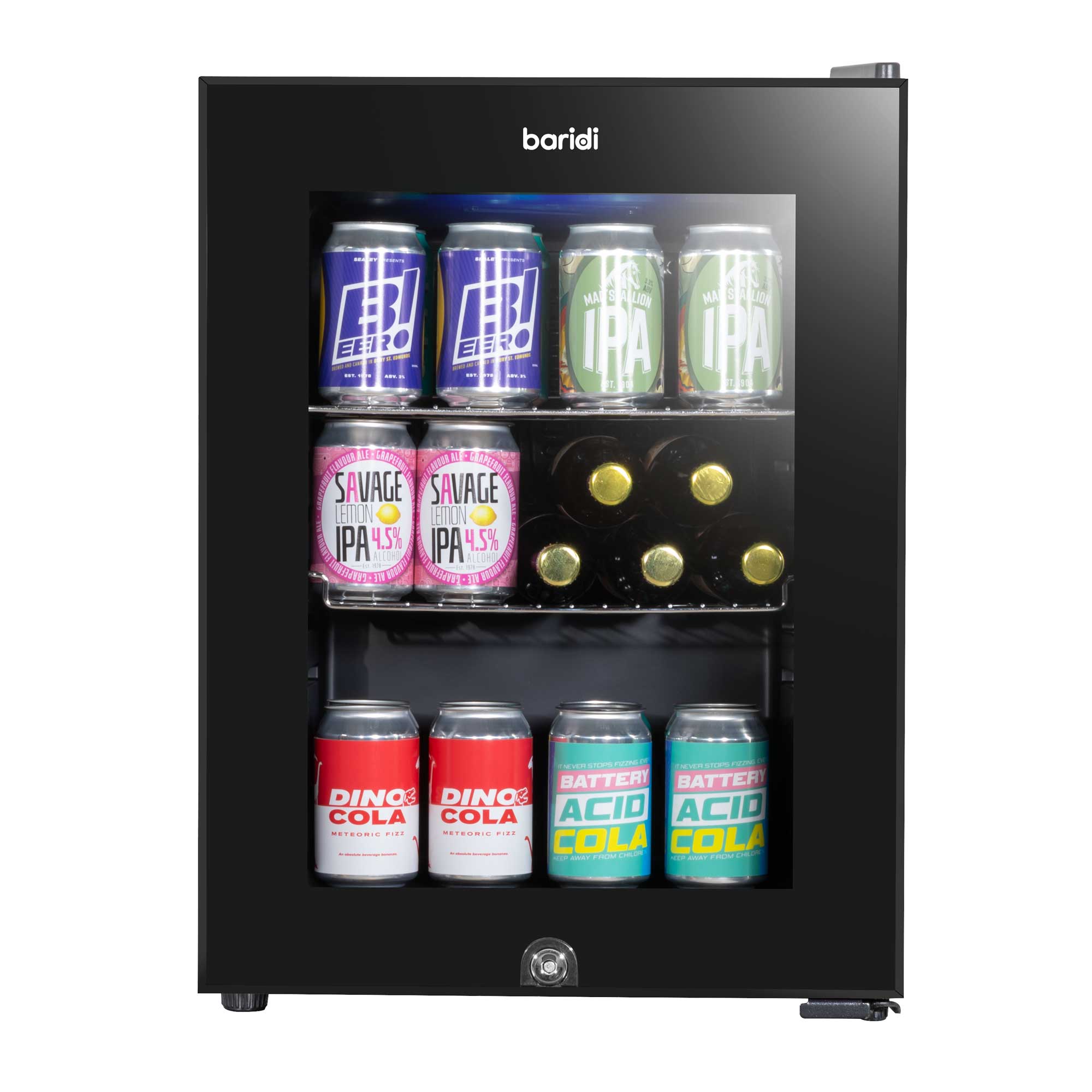 Baridi 40L Mini Fridge with LED Light - Compact Beverage Cooler for Beer, Wine & Soda - Black Glass Door Refrigerator for Home, Office & Dorm - Energy Efficient Cooling (Model DH98)