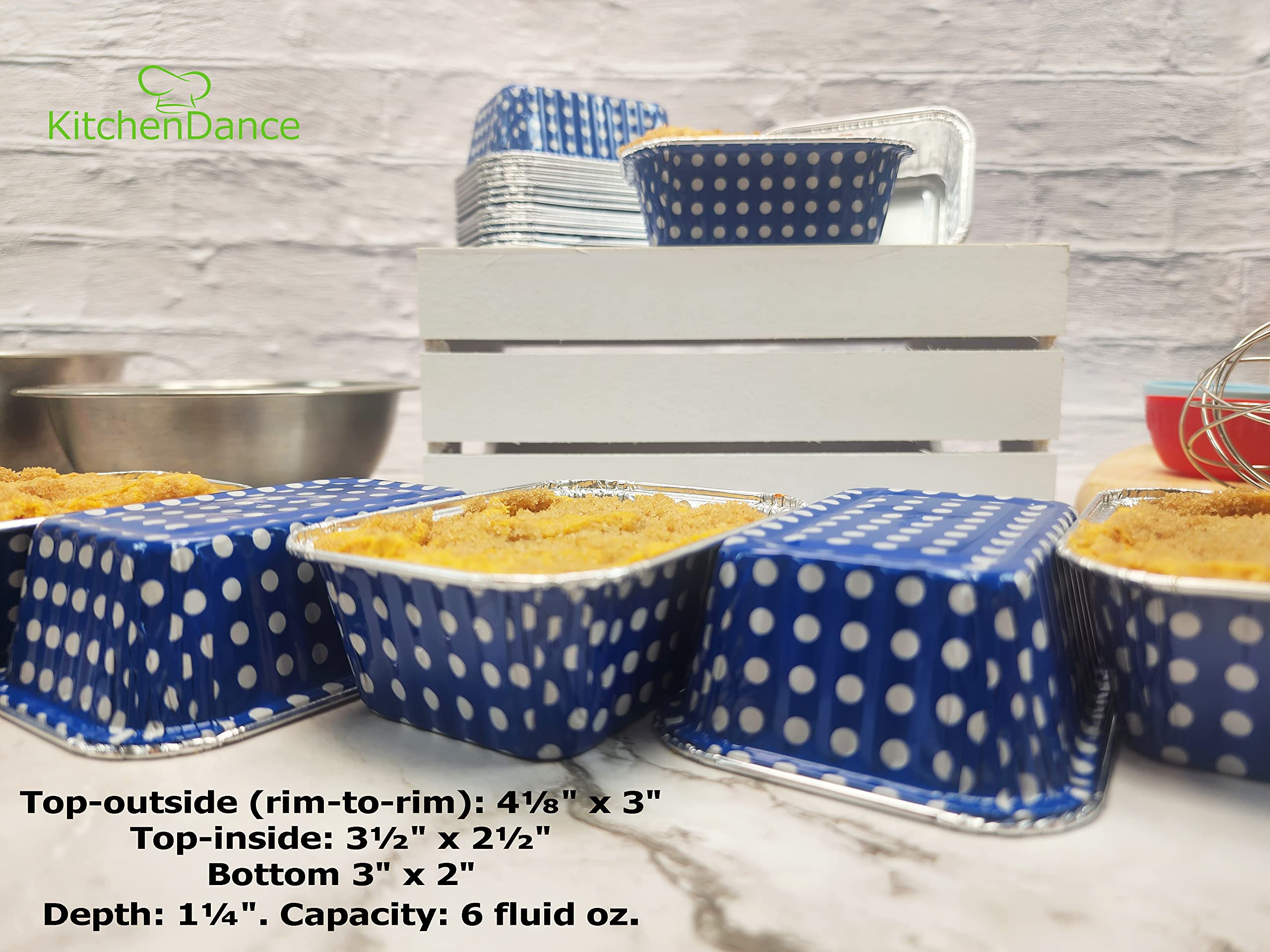 KitchenDance 6 oz Disposable Aluminum Mini Loaf Pans - 2000 Pack, Blue Polka Dot Design (No Lids) | Perfect for Baking, Meal Prep & Party Favors