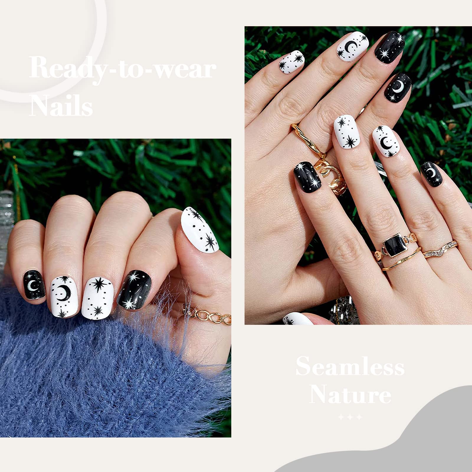 Gothic Black and White Press on Nails with Stars - 24Pcs Short Squoval Fake Nails, Reusable Glossy UV Gel Acrylic Nails for Women | Perfect for Halloween, Parties, and Everyday Manicure