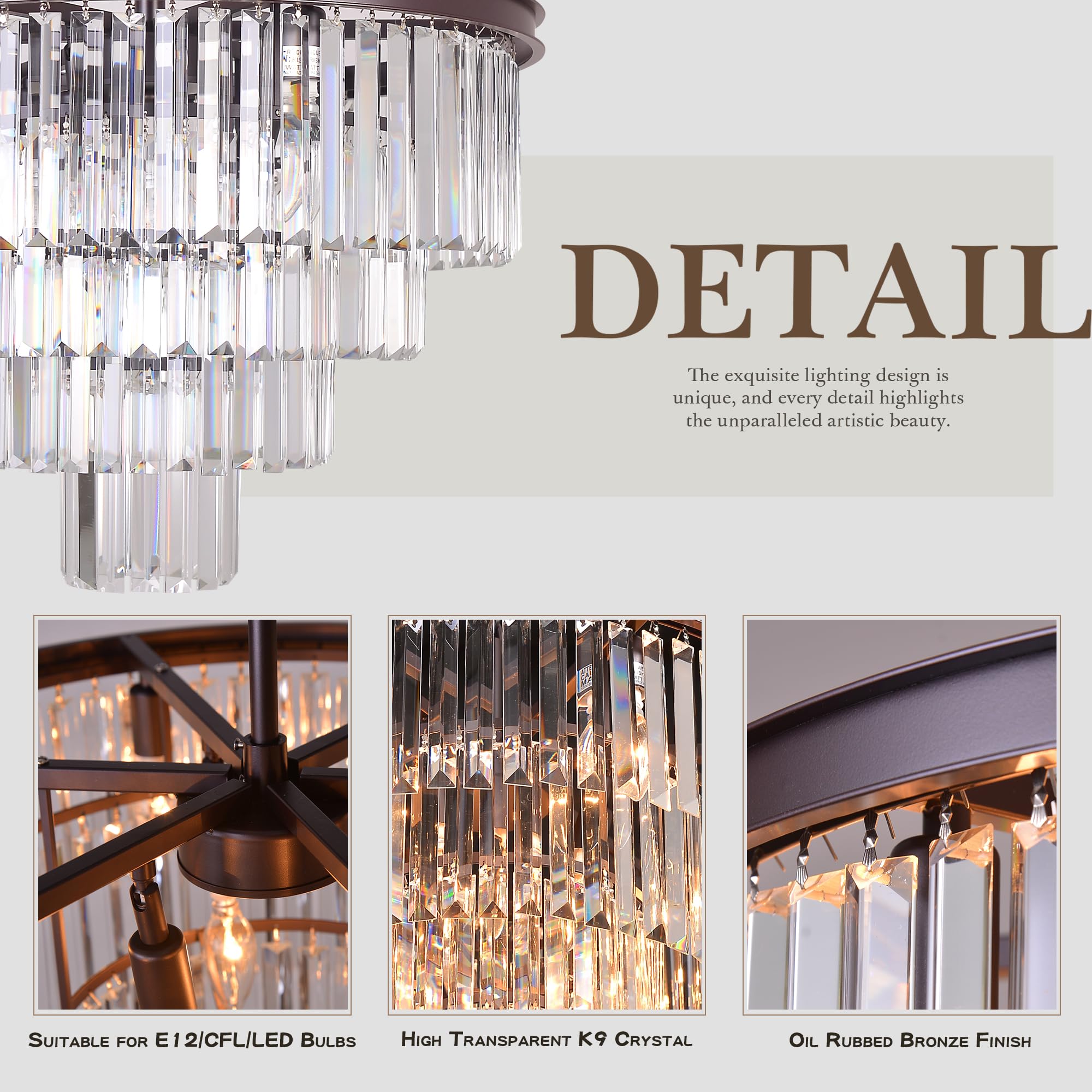 Oil Rubbed Bronze Crystal Modern Chandelier - 4-Tier Pendant Ceiling Light Fixture 23.6