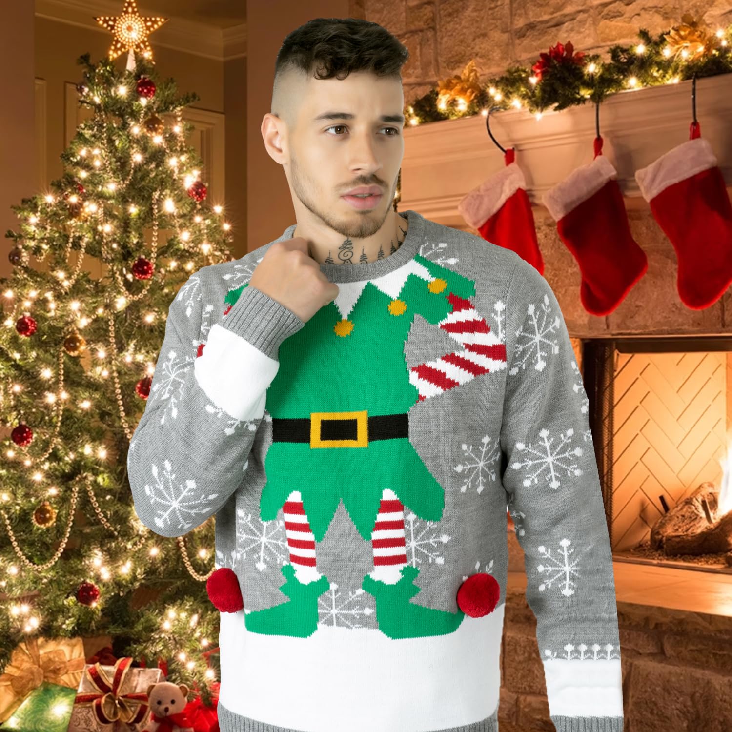 NOROZE Christmas Sweater for Men & Women - Elf Knit Jumper (Grey, XXL) - Holiday Party Wear