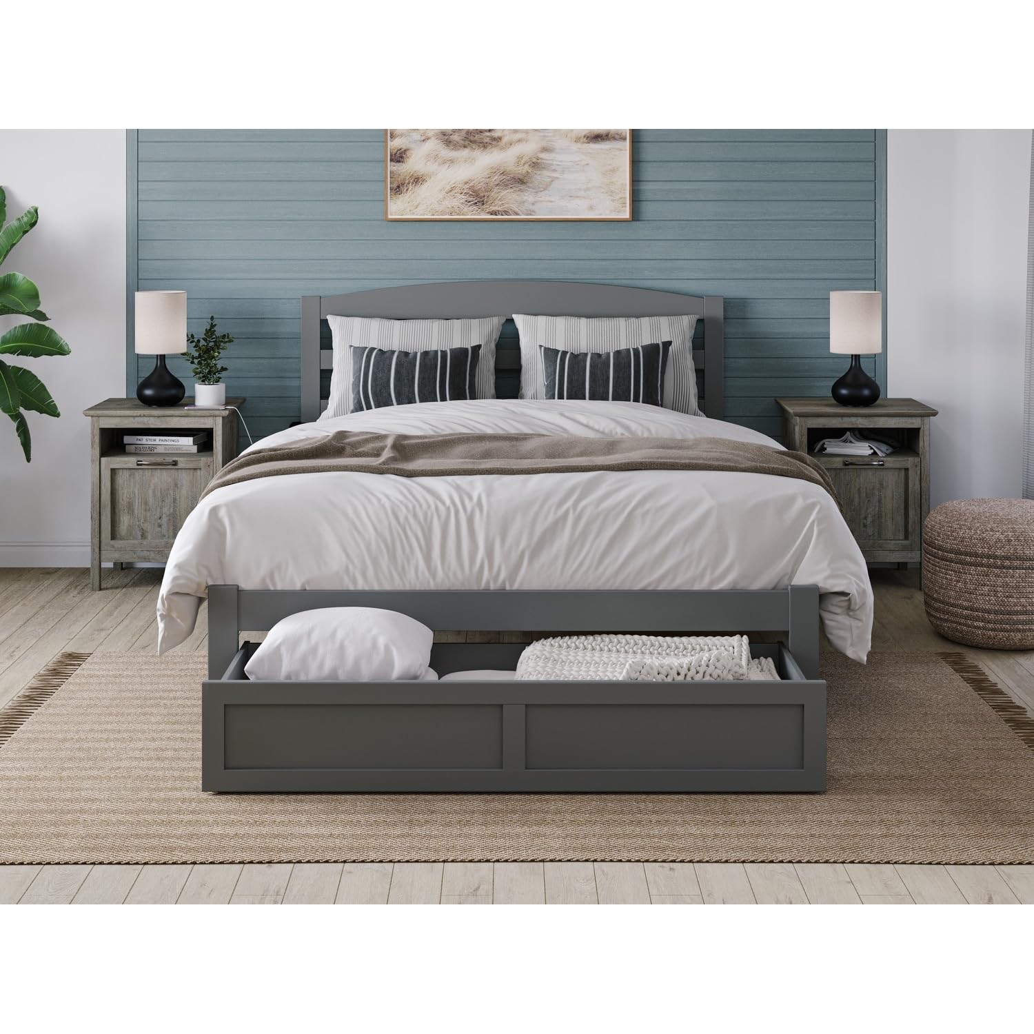AFI Warren Full Size Platform Bed Frame with Storage Drawer & USB Charging Station - Grey Modern Bedroom Furniture for Small Spaces & Guest Rooms