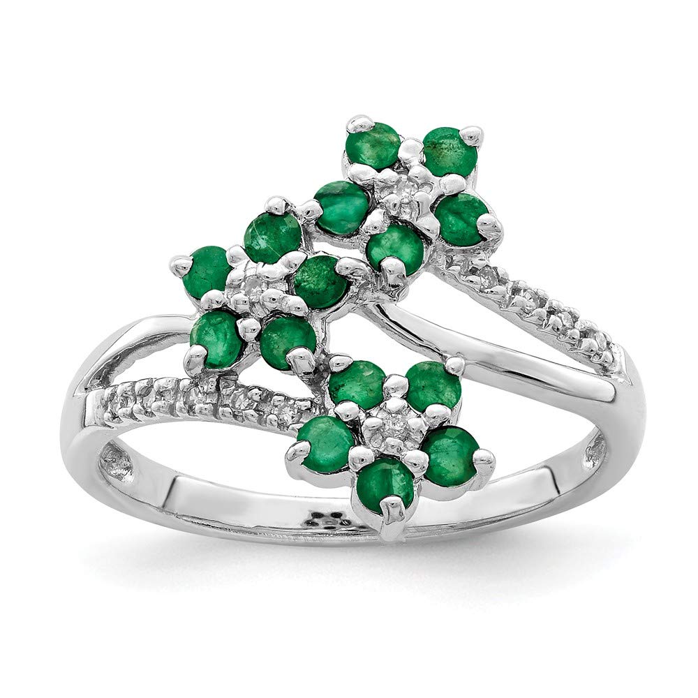 925 Sterling Silver 3 Flower Emerald Green May Birthstone & Diamond Engagement Ring (0.05 cttw) - Perfect for Proposals, Anniversaries & Special Occasions