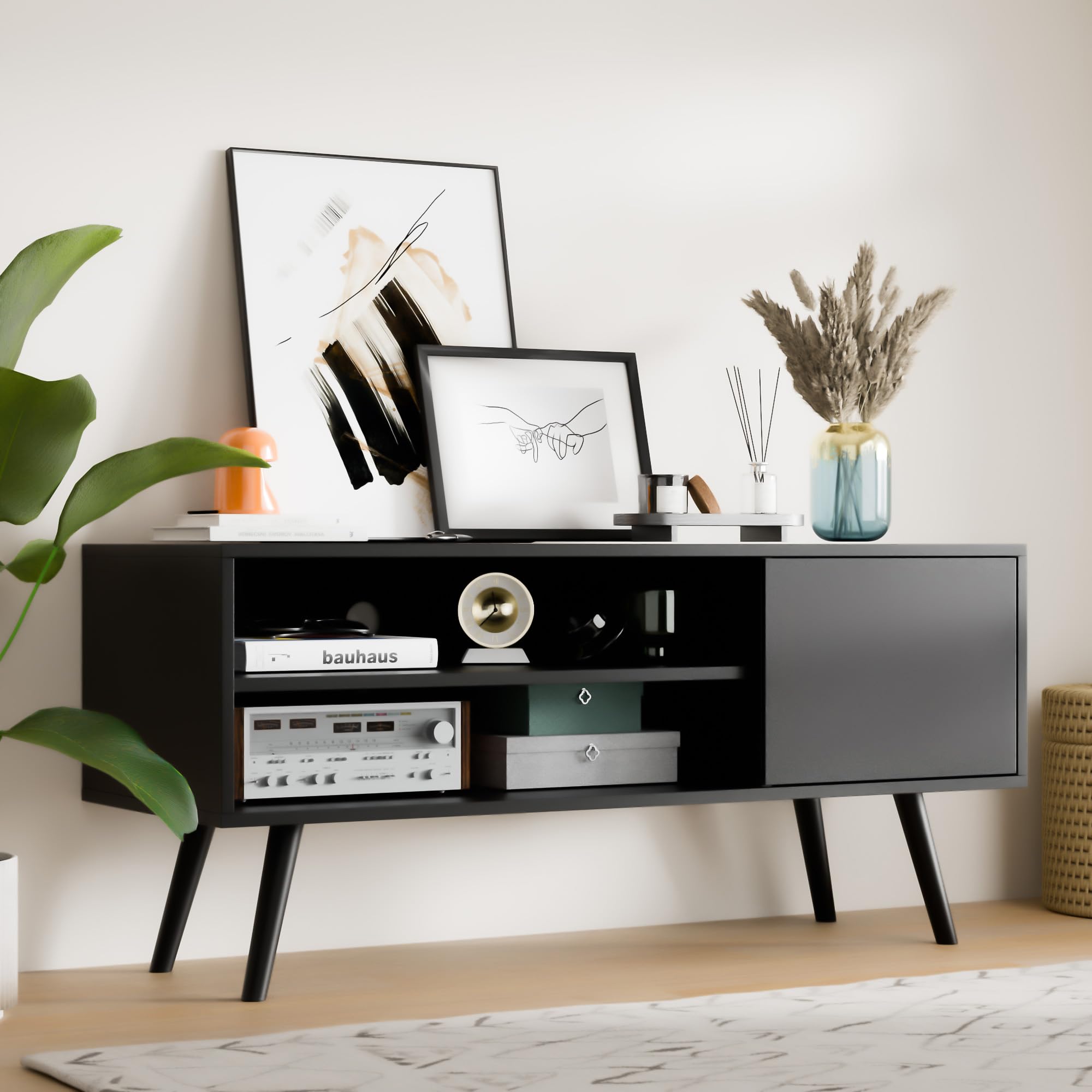 Mid Century Modern TV Stand for 48 Inch TV - Entertainment Center with Storage Cabinet, Media Console for Living Room & Bedroom - Black - Perfect for Small Spaces & Home Theater Setup