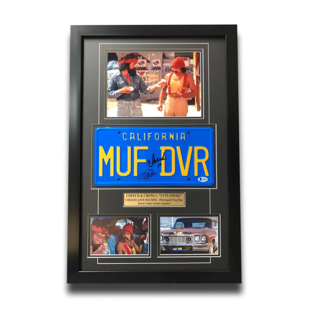 Cheech & Chong Signed 'Up in Smoke' Movie Car License Plate Framed Collage - Authentic Memorabilia for BAS Auto & Movie Fans | Perfect for Man Cave, Home Theater, or Collector's Display