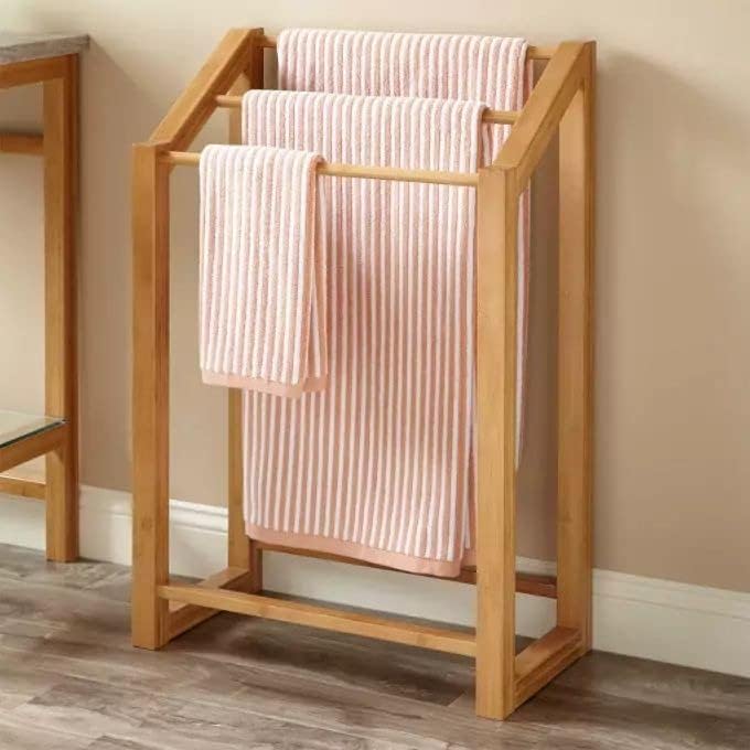 Premium Wooden Freestanding Multi-Tier Towel Rack Stand with Shelf - Bathroom, Bedroom, Kitchen & Gym Towel Organizer | Space-Saving Ladder Design for Hand Towels, Washcloths & Robes | A50
