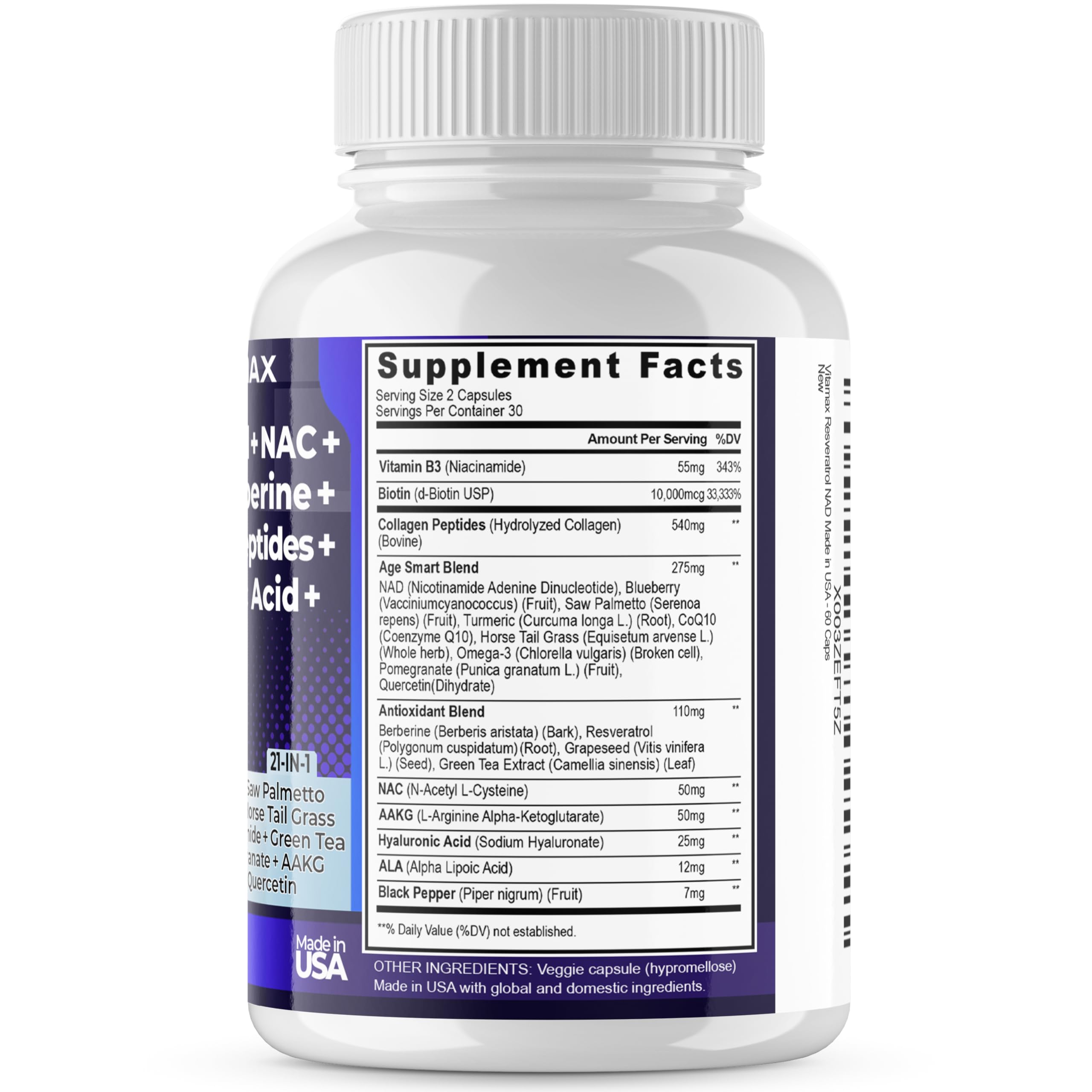 Premium Resveratrol NAD+ Berberine Supplement with Hyaluronic Acid, Biotin, Grape & Blueberry Extract + NAC - 21-in-1 Collagen Peptides Complex for Hair, Skin, Nail & Joint Support - Vegan Friendly Anti-Aging Formula for Women & Men - Made in USA (120 Capsules) - Perfect for Daily Wellness Routine & Active Lifestyle