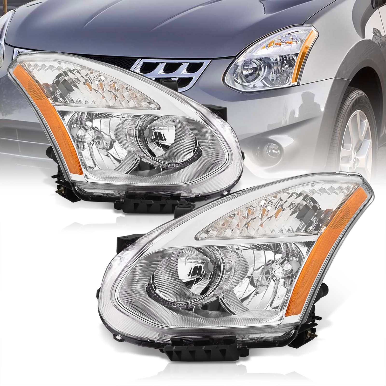 AJP Distributors Chrome Housing Clear Lens Amber Reflector Headlights & Headlamps - Compatible with Nissan Rogue 2008-2015 | Driving Lights, Bumper Lights & Signal Lamps Replacement Set for Enhanced Visibility & Safety on Night Roads