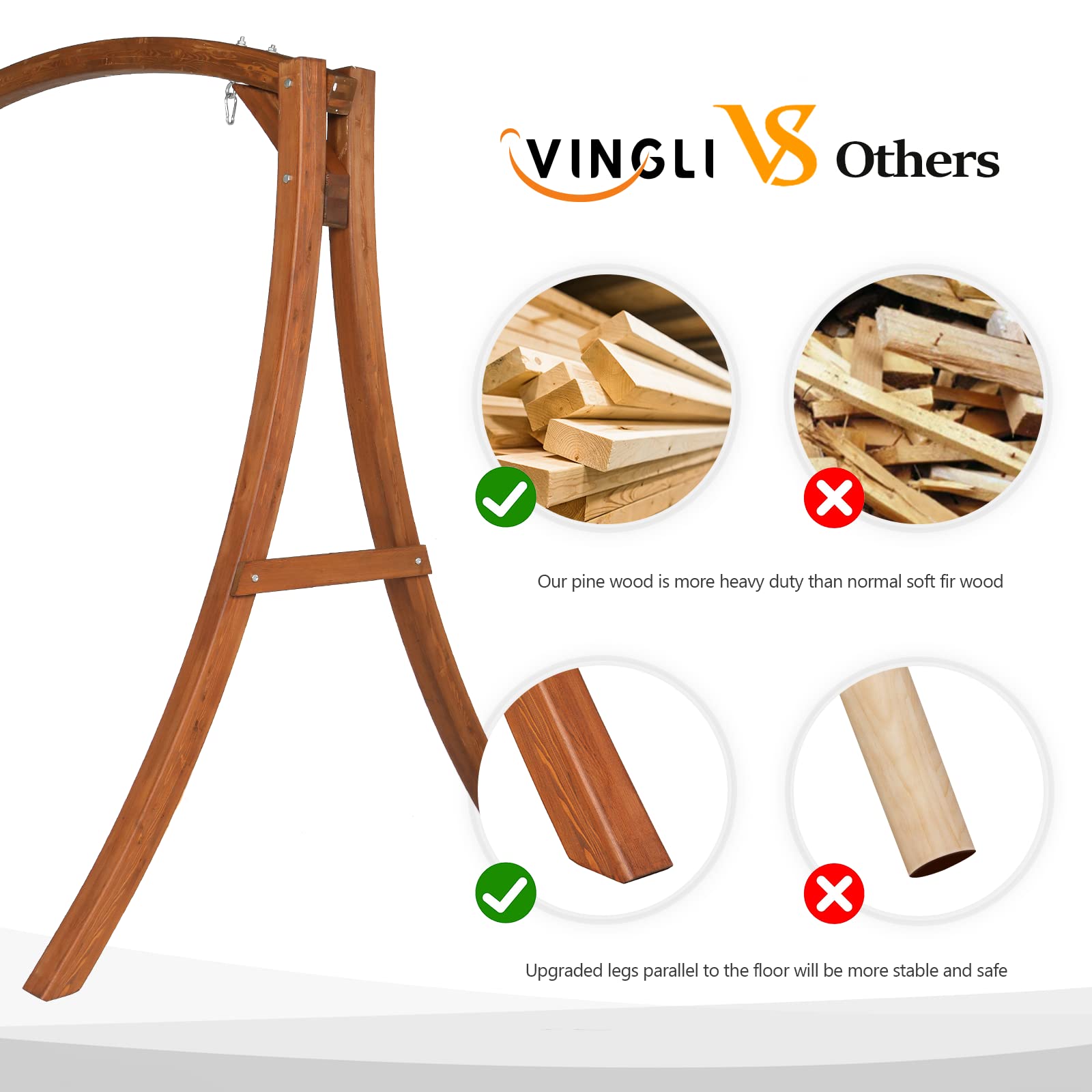 **VINGLI Heavy Duty Wooden Swing Frame for Adults & Kids - Sturdy A-Frame Porch Swing Stand for Indoor & Outdoor Use - Curved Arc Top Design - Supports 1000 lbs - Perfect for Backyard, Garden, Patio & Deck Relaxation**