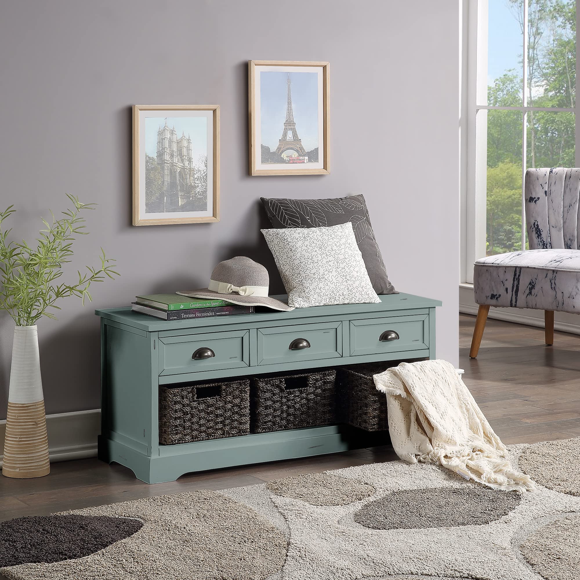 Wooden Storage Bench with 3 Drawers & Woven Baskets - Entryway Organizer, Hallway Seating & Living Room Decor (Green) - Perfect for Small Space Storage, Shoe Organization & Cozy Home Furnishing