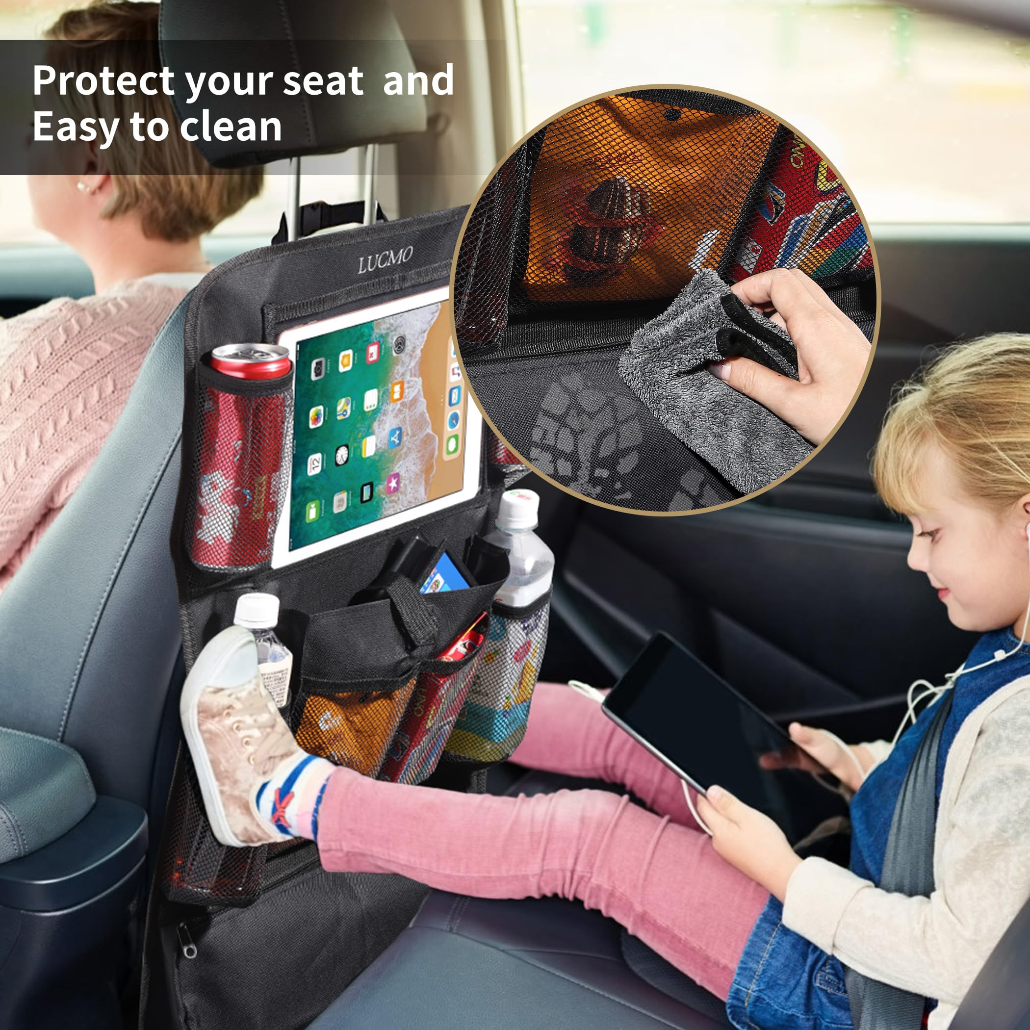 LUCMO 2-Pack Car Backseat Organizer with Tablet Holder - 9 Storage Pockets, Kick-Proof Protector & Travel Accessories for Kids (Black) - Perfect for Road Trips, Family Vacations & Daily Commutes