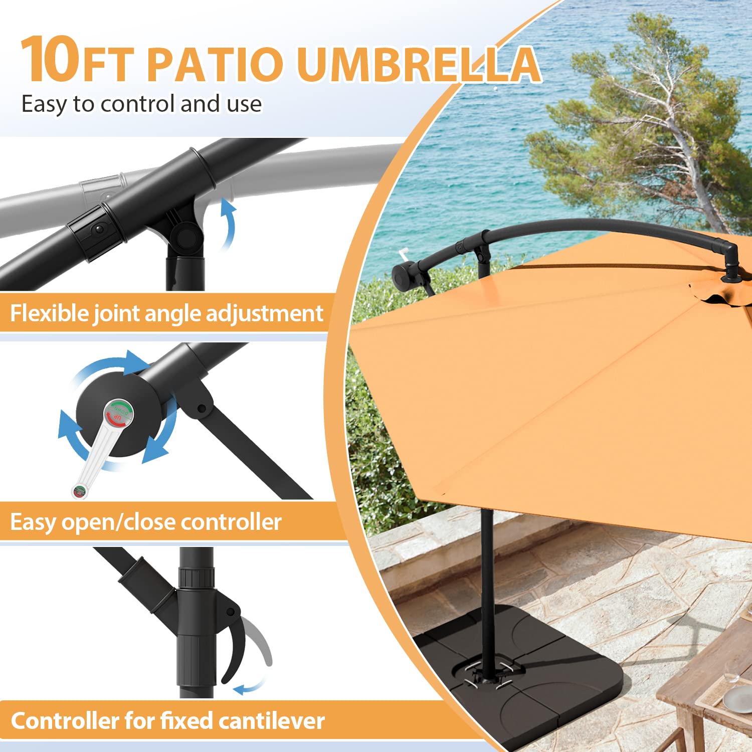 **Greesum 10FT Offset Cantilever Patio Umbrella - Outdoor Market Umbrella with Crank & Cross Base (Orange) - Perfect for Poolside, Backyard, and Commercial Use**
