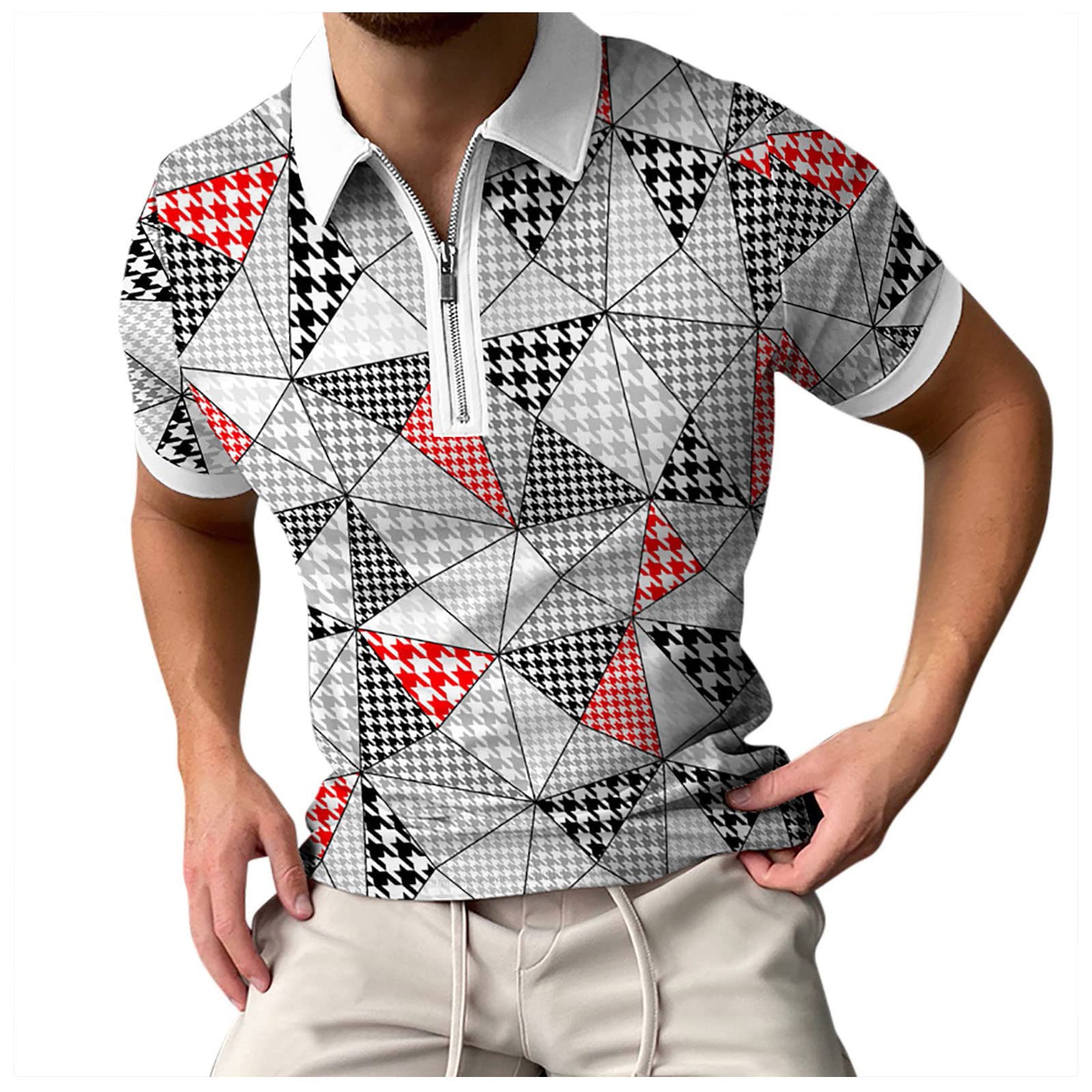 Men's Houndstooth Print Short-Sleeve T-Shirt with Lapel & Zipper - Casual Spring Summer Dress Shirt for Office, Date Night & Outdoor Events