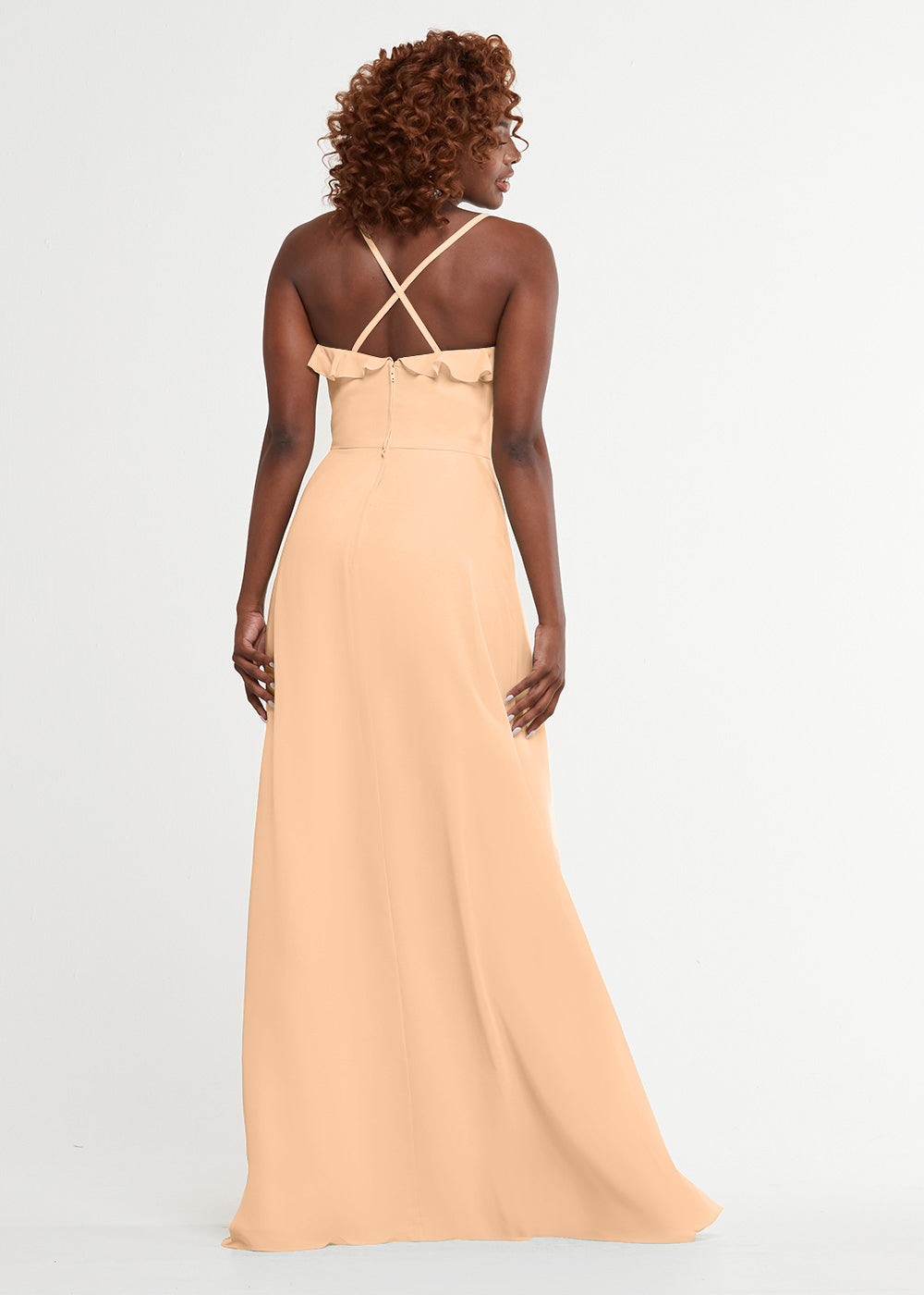 Elegant 80174 Chiffon A-Line Bridesmaid Dress with Ruffles & High Slit - Perfect for Weddings, Formal Events & Special Occasions