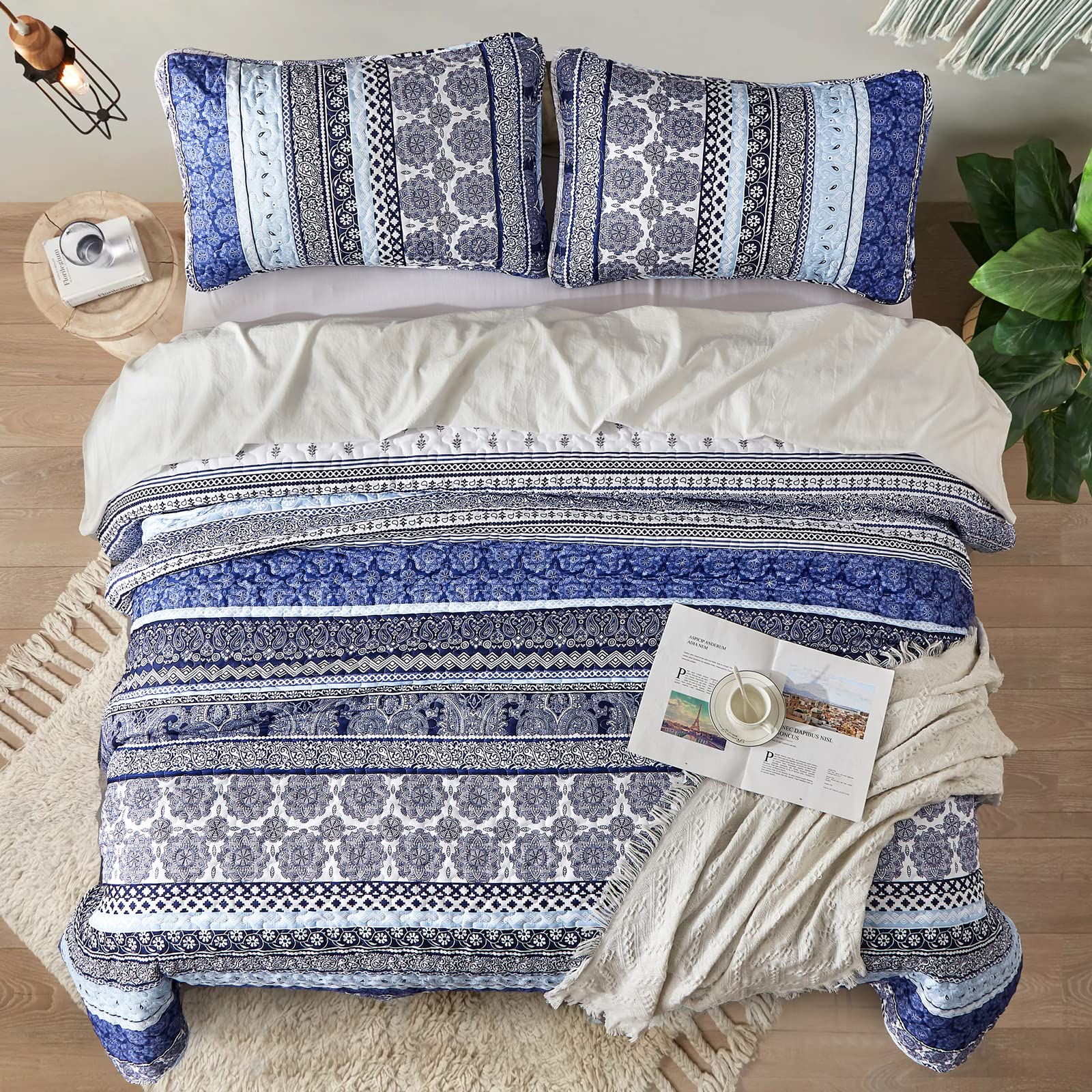 WONGS BEDDING King Size Boho Quilt Set - Blue Bohemian Style Lightweight Bedspread (3 Pieces, 103