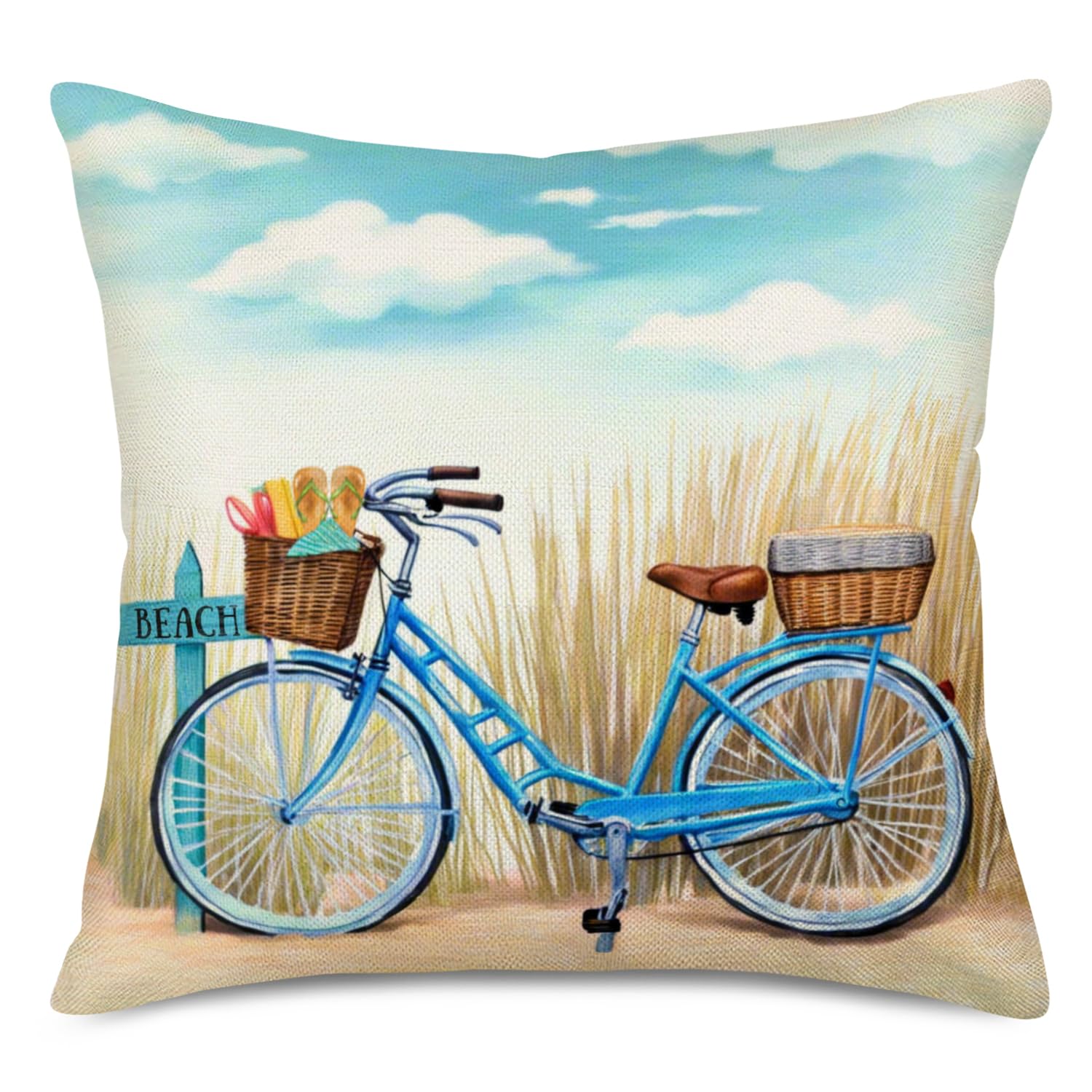 Blue Bicycle Beach Throw Pillow Covers 18x18 Inch - Coastal Farmhouse Decor Cotton Linen Cushion Covers for Sofa, Bedroom, Porch - Perfect for Beach House, Coastal Living Room & Summer Outdoor Decor