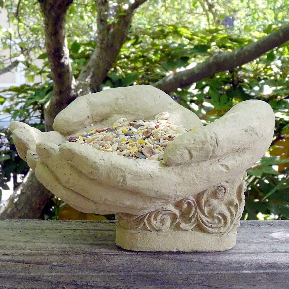 Handcrafted Cupped Hands Concrete Sculpture - Bird Feeder, Candy Dish, Catchall - Made in USA, Perfect for Garden Decor and Home Accents