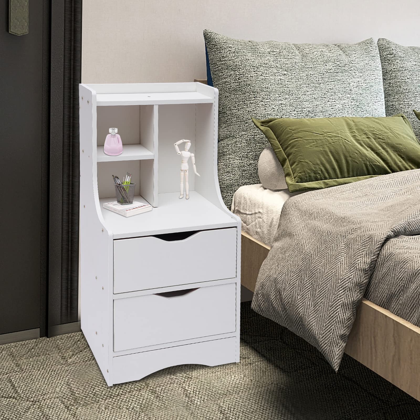White Nightstand with 2 Drawers & Open Shelf - Solid Wood Bedside Table, Storage Cabinet for Bedroom - Perfect for Holding Lamps, Books & Alarm Clocks - Night Stand, Dresser, Night Table for Modern Home Decor