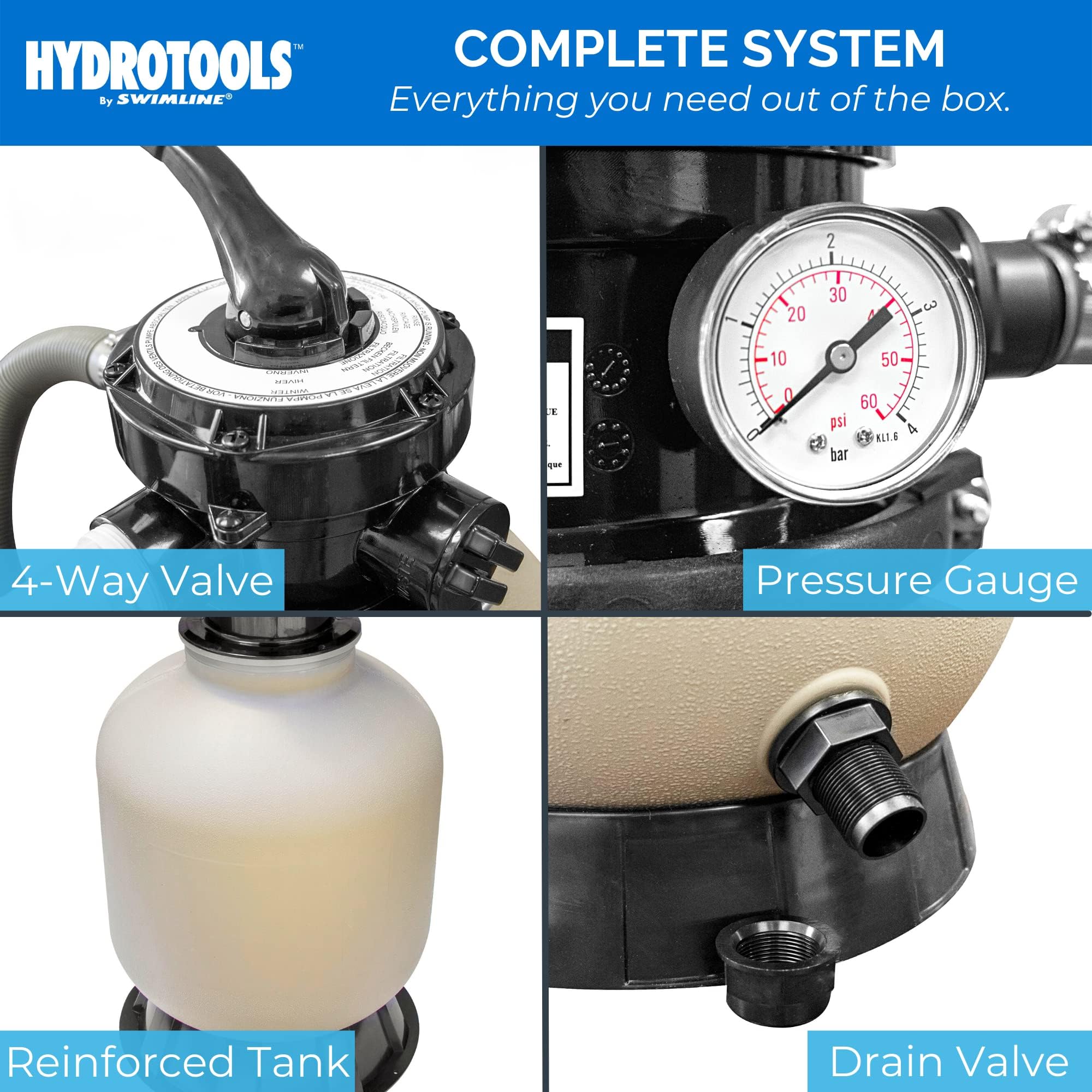 HYDROTOOLS by SWIMLINE 14 Inch Pool Sand Filter Pump - 1/2 HP (0.45 THP) 2400 GPH for Above Ground & Inground Pools Up To 10,500 Gallons | Compatible with Intex & Bestway Pools | Ideal for Pool Cleaning, Maintenance and Water Filtration