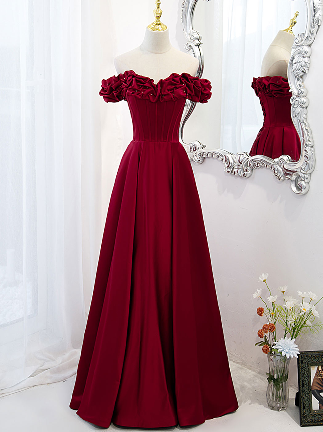 Elegant Off-Shoulder A-Line Burgundy Satin Prom Dress - Long Formal Evening Gown for Homecoming, Wedding, and Special Occasions