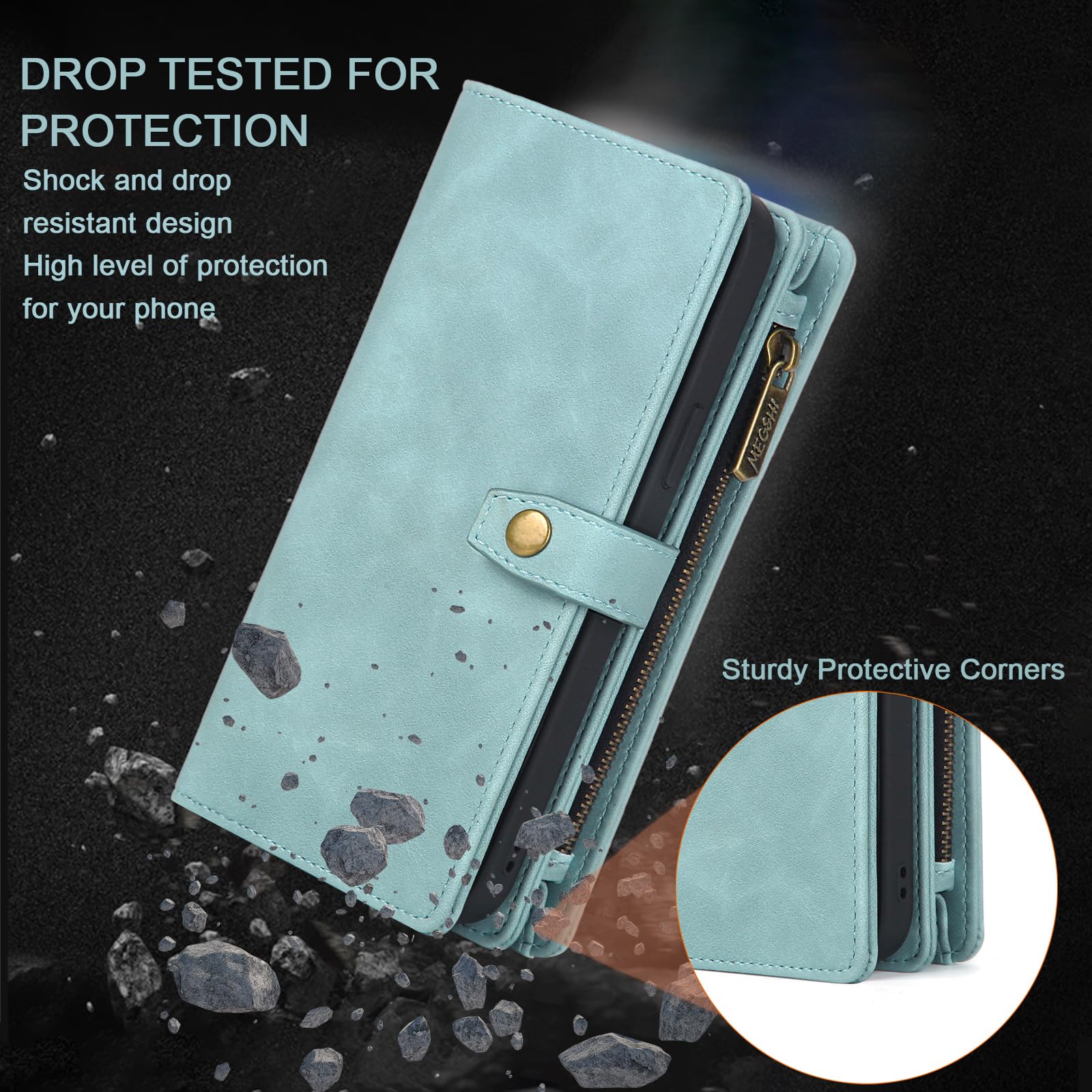 Magnetic Detachable TwoHead Wallet Case for iPhone 15 Pro Max (6.7 Inch) - Shockproof Leather Phone Cover with Card Holder - Blue | Perfect for Business Travel, Daily Commute & Hands-Free Convenience