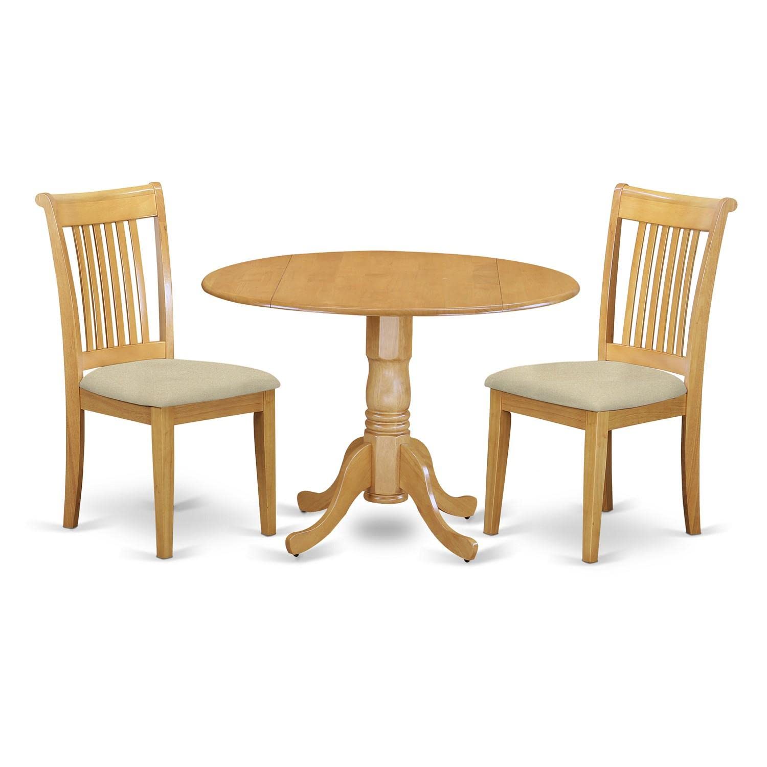 East West Furniture DLPO3-OAK-C 3-Piece Oak Dining Set with Round Drop-Leaf Table & 2 Linen Fabric Chairs, 42x42 Inch - Perfect for Small Kitchens, Breakfast Nooks & Cozy Dining Spaces