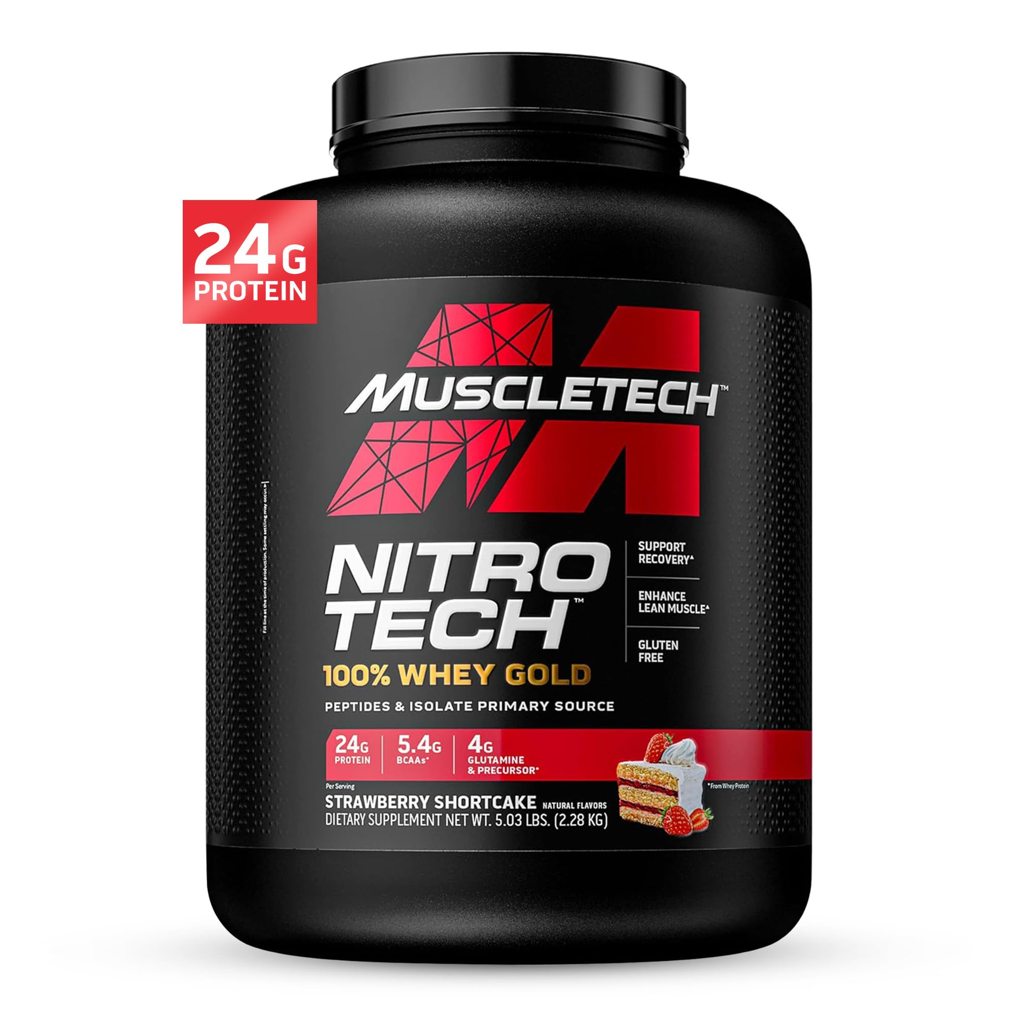 Nitro-Tech Whey Gold Protein Powder - 5lb (69 Servings) | Premium Whey Protein Isolate for Muscle Growth | Strawberry Flavor Protein Shake for Men & Women | Ideal for Post-Workout Recovery & Smoothie Mixing | MuscleTech Sports Nutrition