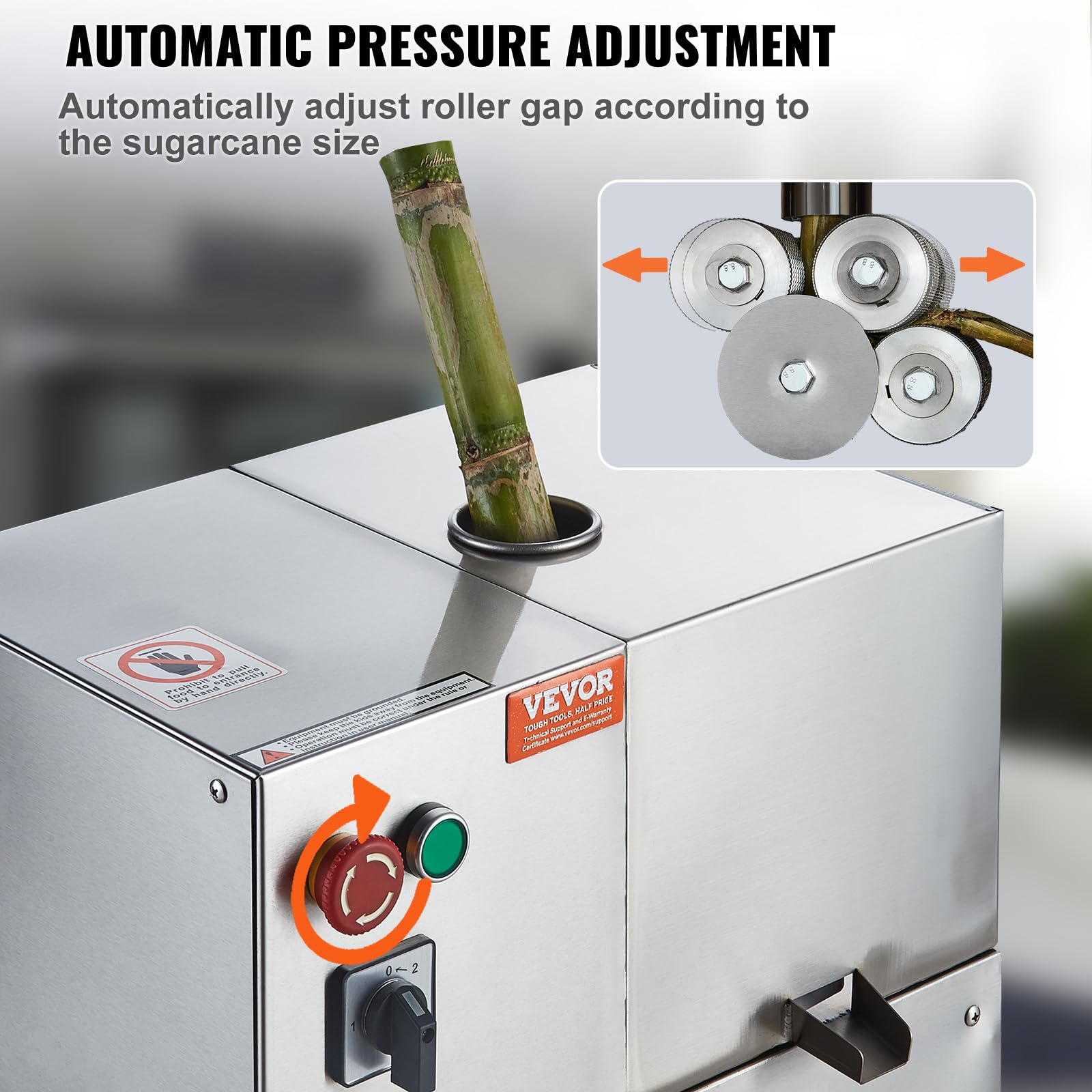 VEVOR 800W Commercial Electric Sugarcane Juicer - 661LBS/H High Capacity with 4 Stainless Steel Rollers & Auto Pressure Adjustment - Perfect for Juice Bars, Restaurants, and Home Use