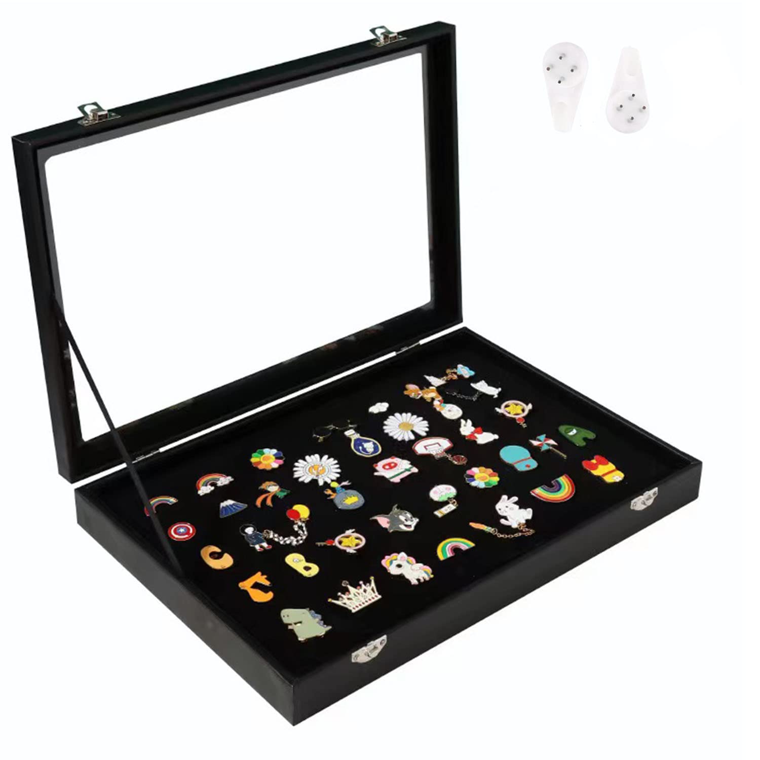 Wowagoga 11x8 Inch Dustproof Enamel Pin Display Case - Military Medal & Jewelry Shadow Box Frame with Hooks for Badge Collections (Black) - Perfect for Home Decor, Office Display & Collectors Showcase