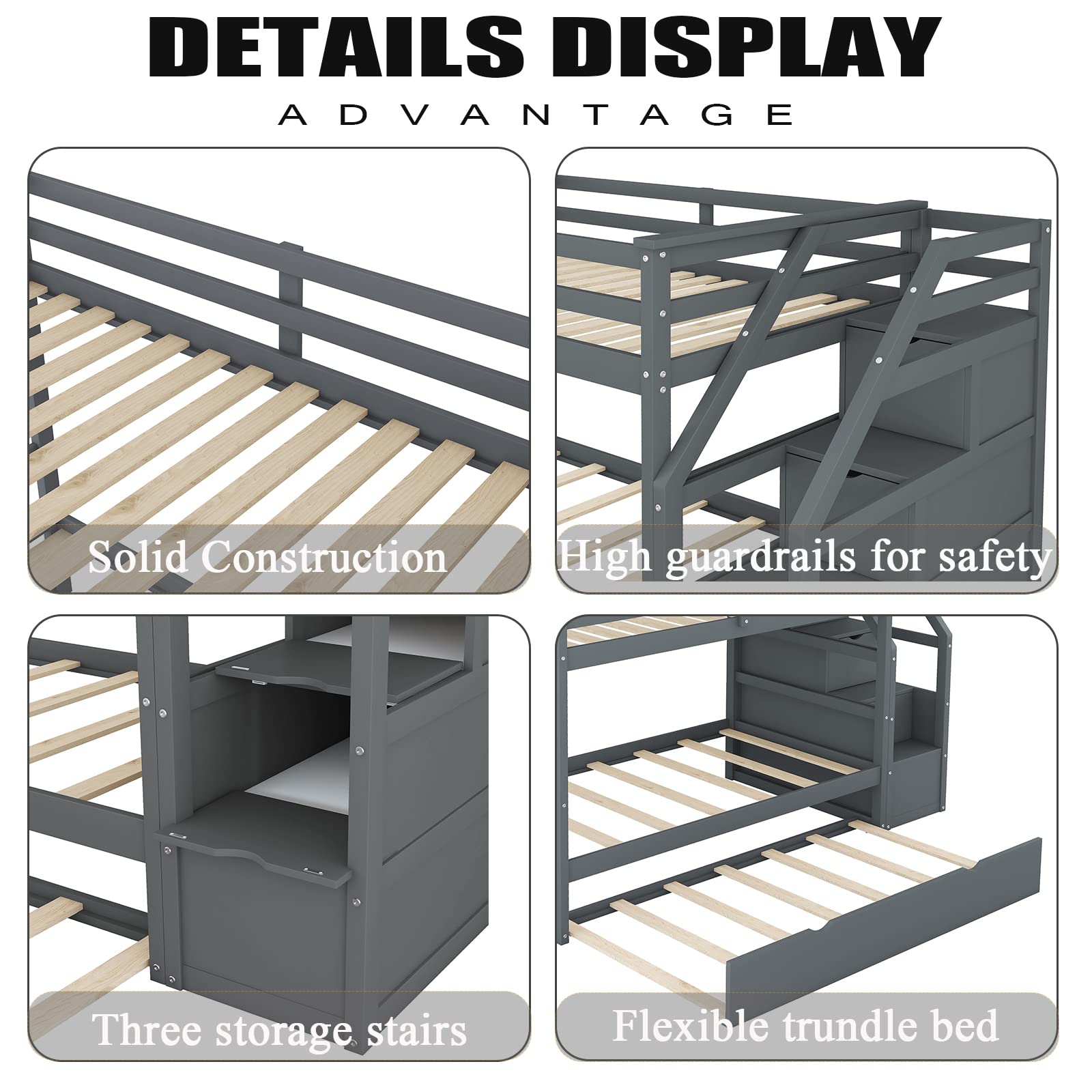 Harper & Bright Designs Twin Over Twin Bunk Bed with Trundle and Stairs - Solid Wood Bunk Bed for Kids, Teens & Adults - High Safety Guardrail - Space Saving Grey Bunk Bed for Small Rooms, Guest Rooms & Vacation Homes