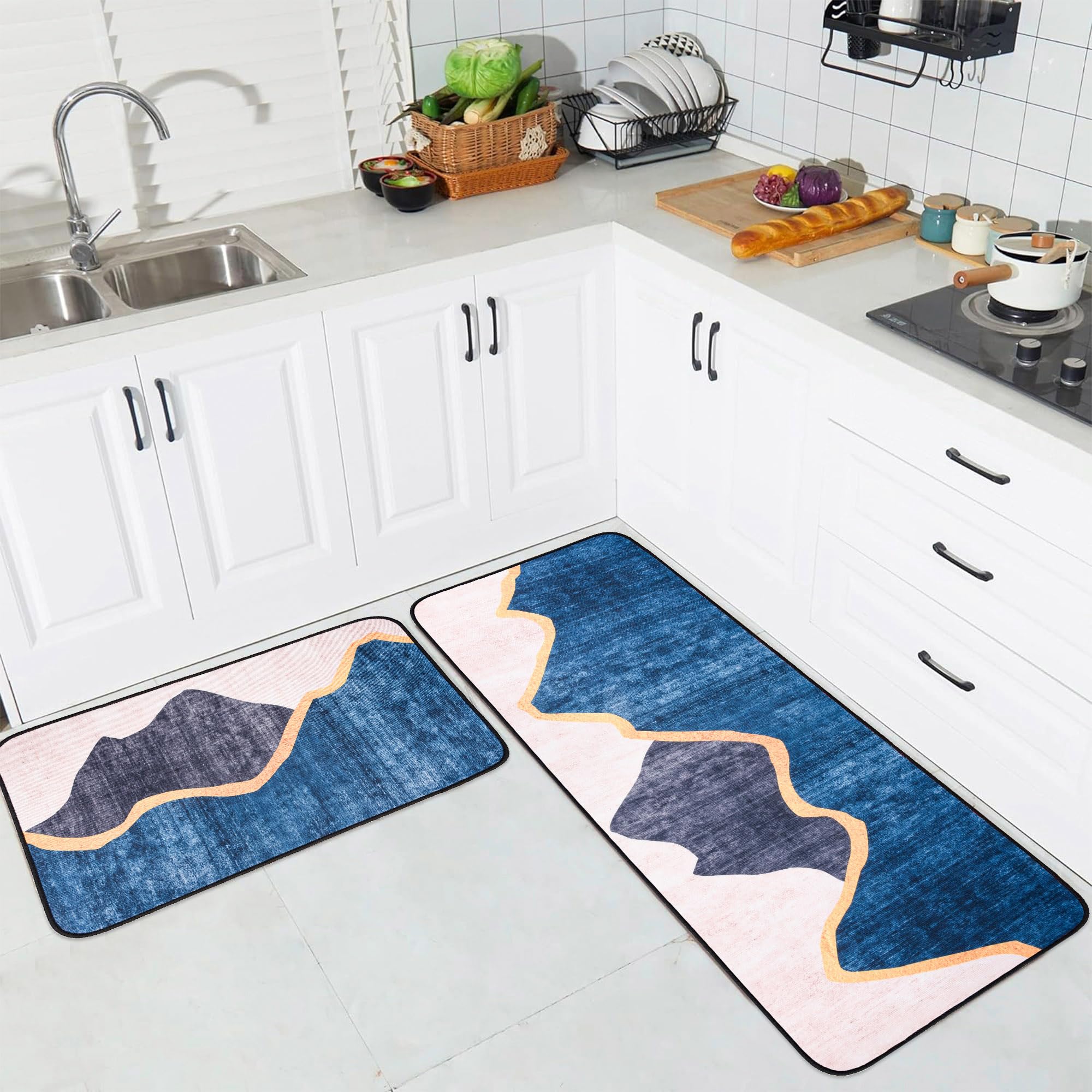 Kuber Industries 2-Pack Anti-Slip Absorbent Kitchen Mat Set | Non-Slip Kitchen Rug & Door Mat | Non-Woven Floor Mat for Kitchen, Living Room, Entryway | Blue & Gray | Perfect for Spill Protection & Home Decor