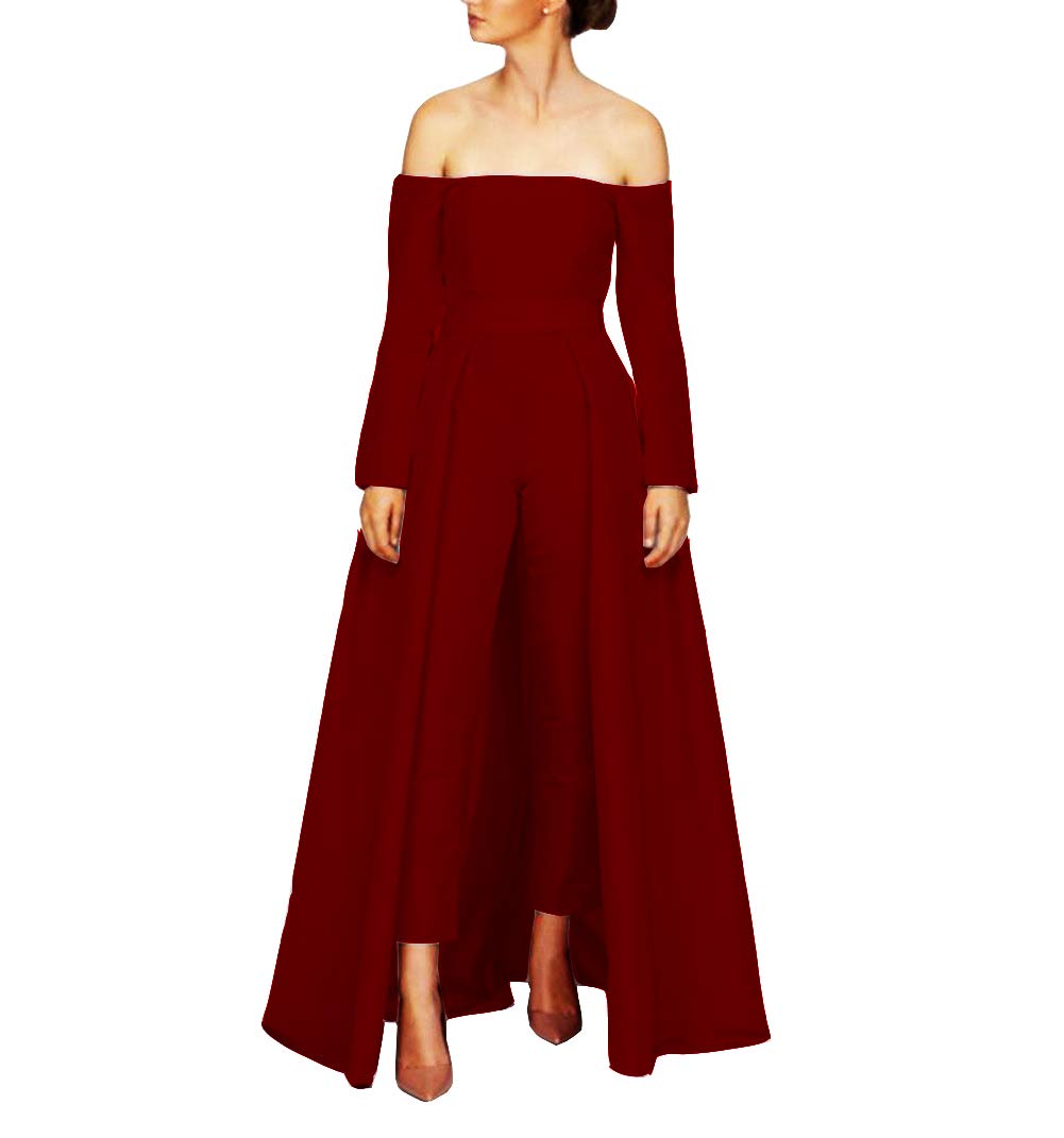 Emanni Women's Off-The-Shoulder Prom Dress Jumpsuit with Detachable Skirt - Burgundy Red Formal Gown for Wedding, Party & Special Occasions