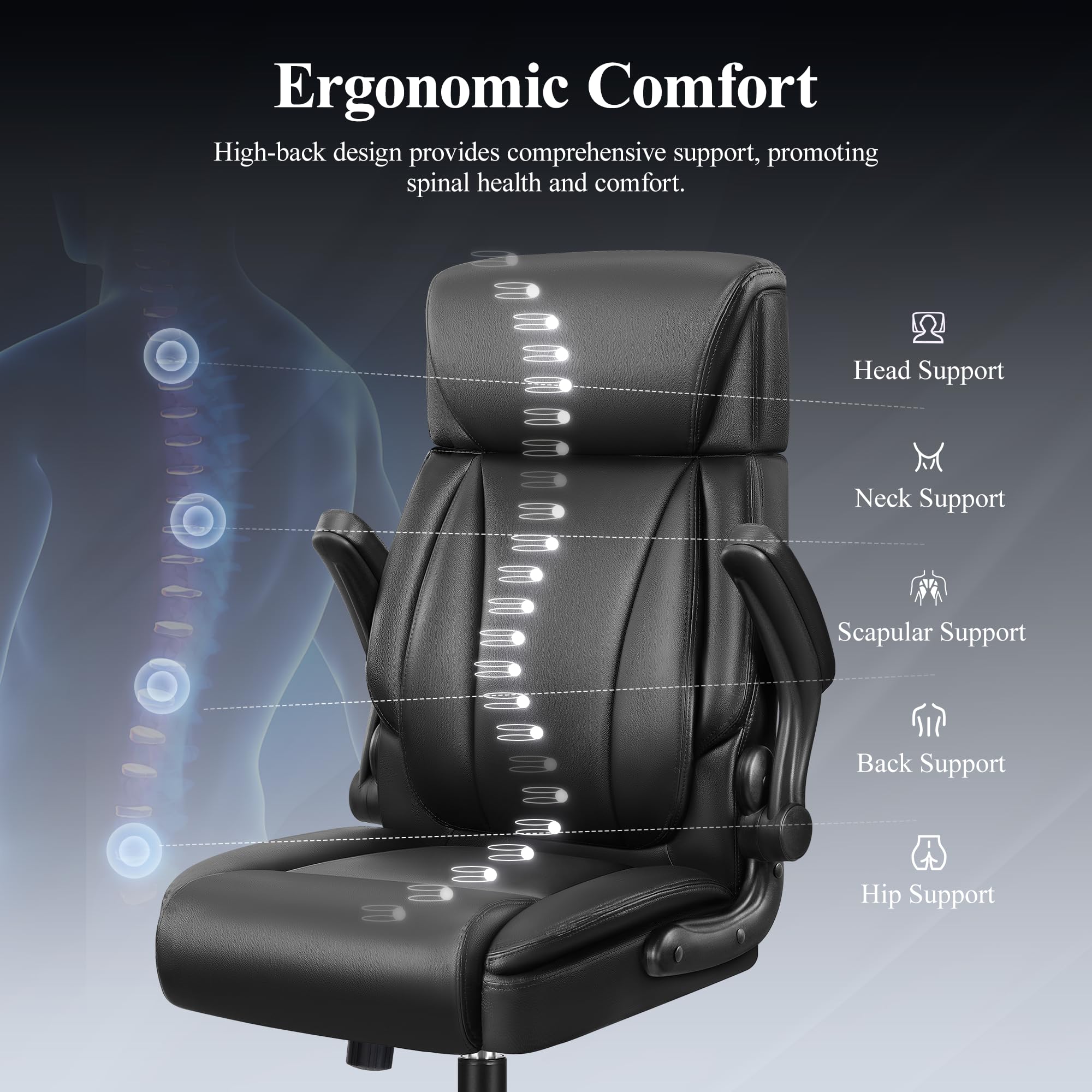 Premium Big and Tall Executive Office Chair - Ergonomic High Back Leather Desk Chair with Adjustable Lumbar Support, Flip-Up Armrests & Headrest - Perfect for Home Office, Gaming & Professional Workspaces