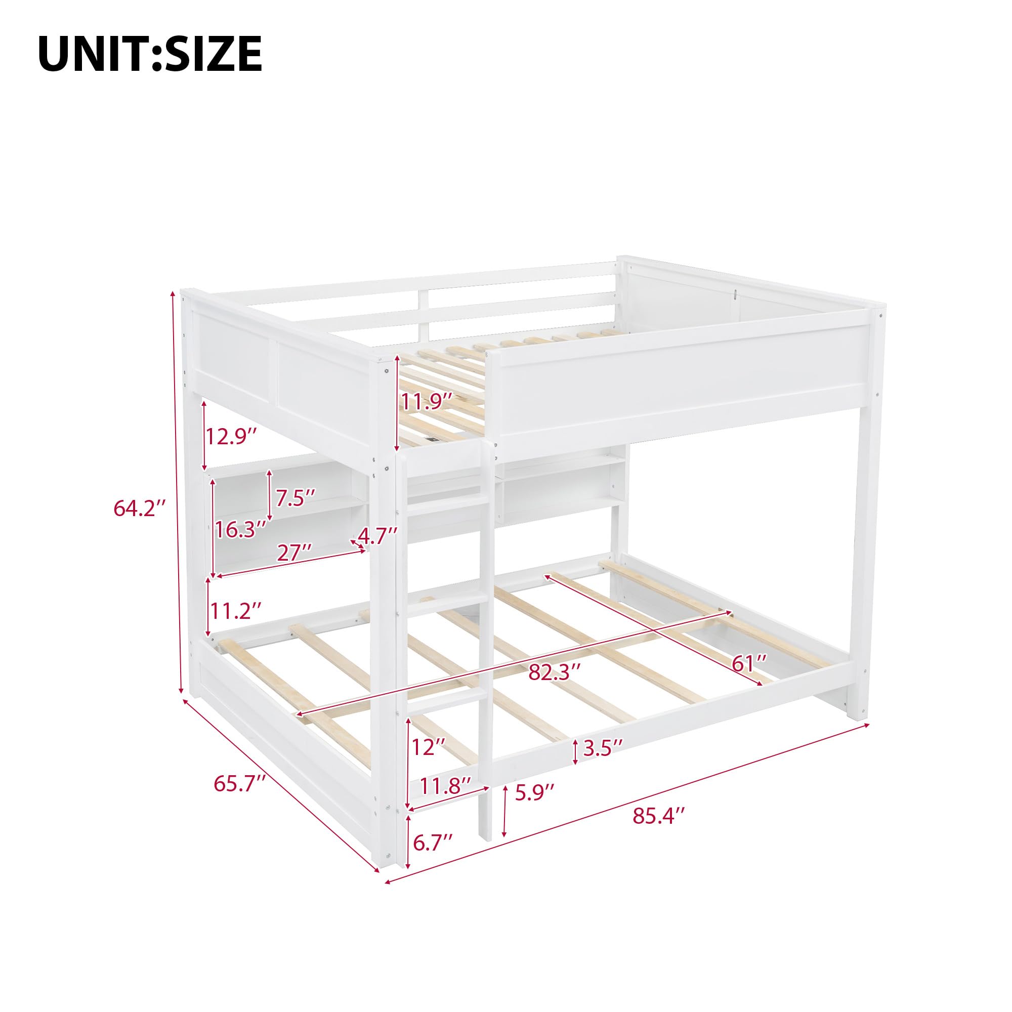 Merax Queen Over Queen Bunk Bed with Storage Shelves & USB Ports - Solid Wood Space-Saving Bunk Bed for Adults & Kids - Perfect for Small Bedrooms, Guest Rooms & Vacation Homes