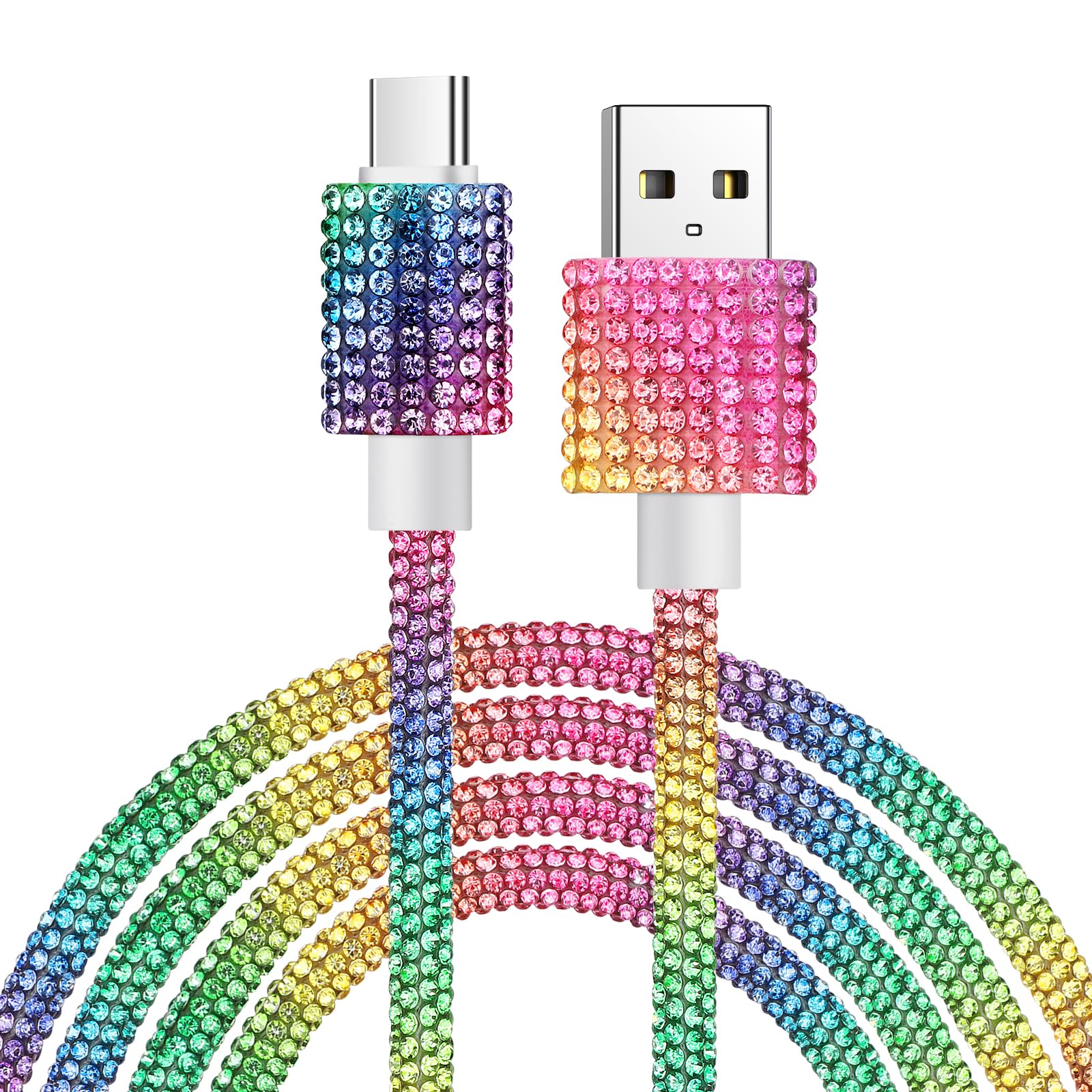 VOFUOE 60W Fast Charging USB to USB C Cable, Bling Sparkling Diamond USB C Charger Cord 4FT - Compatible with iPhone 16/16 Pro/16 Pro Max, Galaxy S24 Ultra, iPad 10th Gen - Rainbow Design for Women | Perfect for Travel, Office & Home Charging