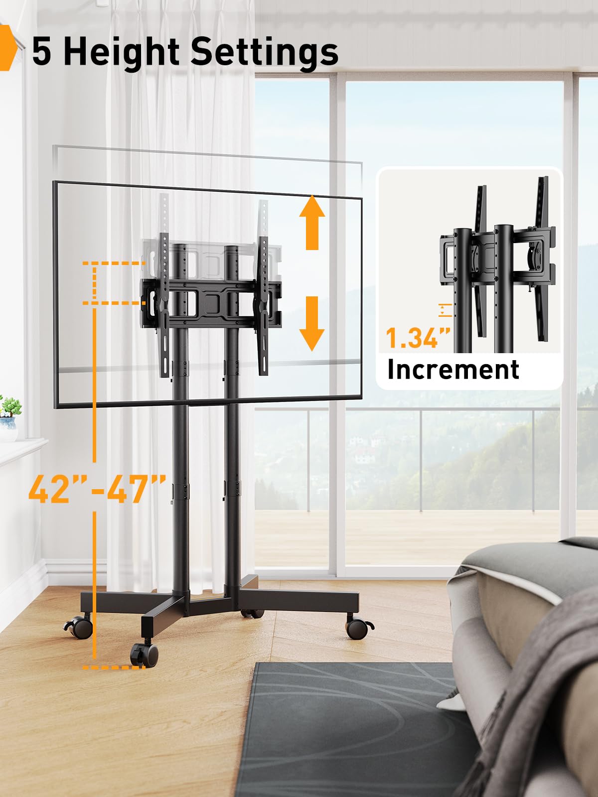 Perlegear Rolling TV Stand with Wheels for 32-70 inch TVs - Height Adjustable Mobile TV Cart with -15° to +5° Tilt, 4K TV Stand up to 88lbs, Max VESA 400x400mm - Perfect for Living Room, Bedroom, or Office Entertainment Setup (Model: PGTVMC14)