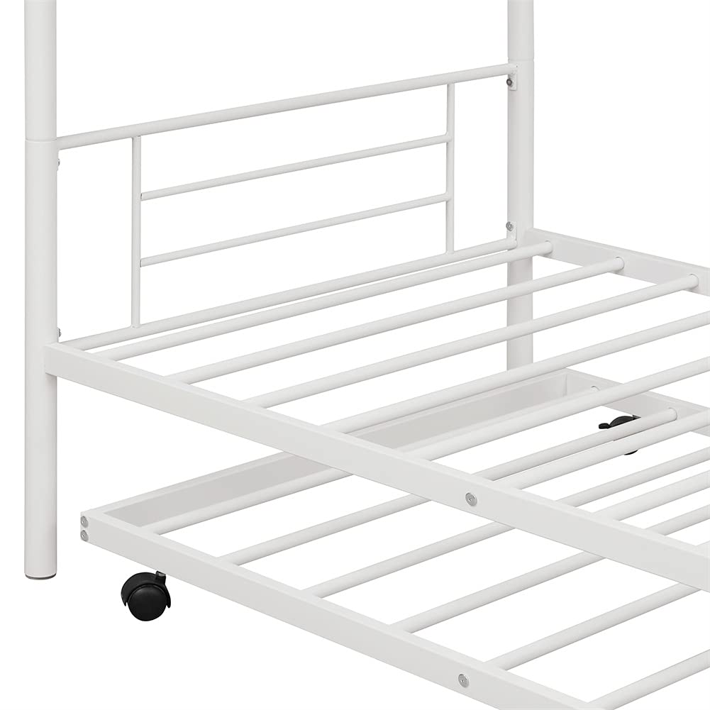 Metal Twin Over Twin Bunk Bed with Trundle - Convertible to 2 Separate Beds, No Box Spring Required - Space Saving Kids Bedroom Furniture for Small Rooms, Dorms & Guest Rooms (White)